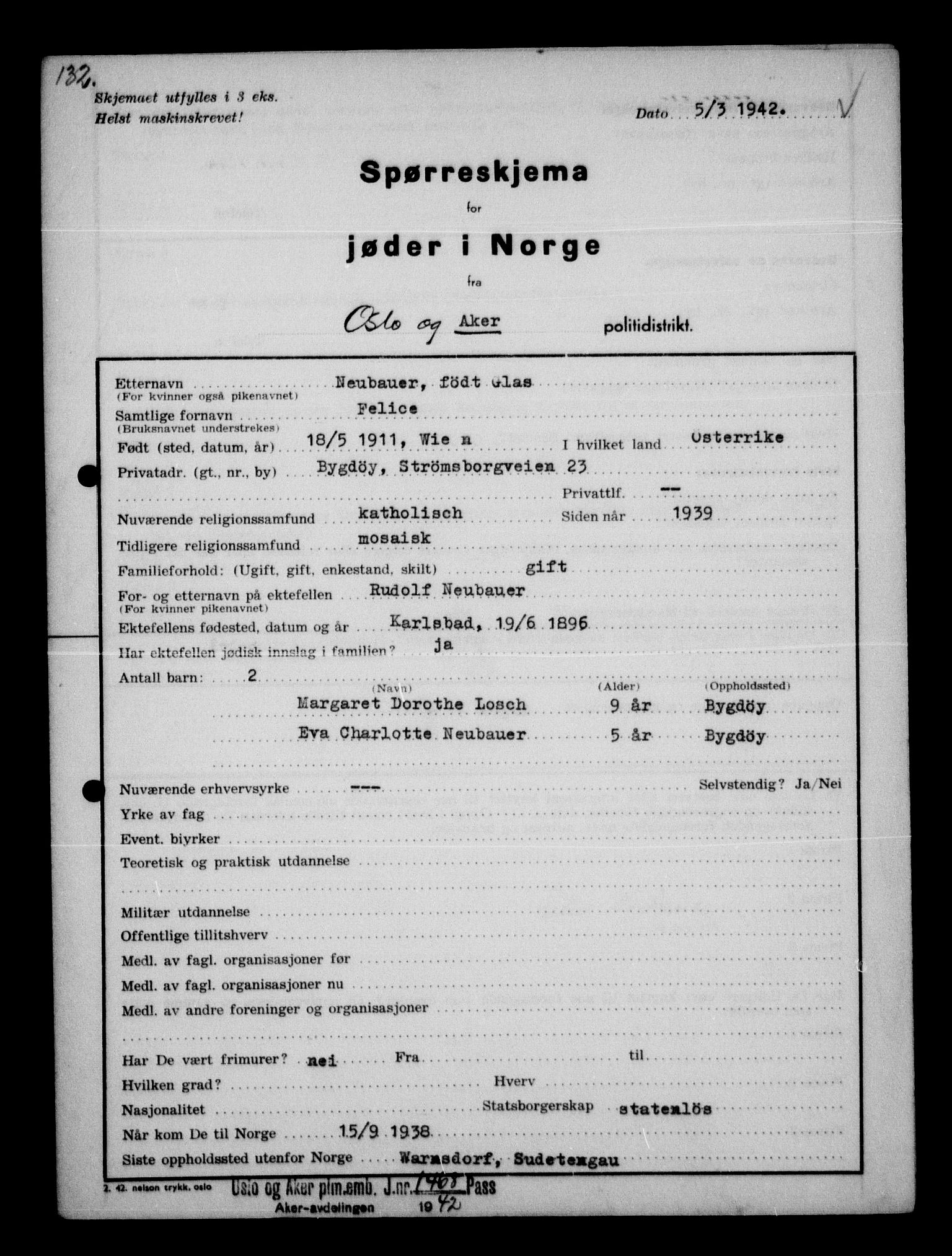 Statspolitiet - Hovedkontoret / Osloavdelingen, AV/RA-S-1329/G/Ga/L0012: Spørreskjema for jøder i Norge. 1: Aker 114- 207 (Levinson-Wozak) og 656 (Salomon). 2: Arendal-Hordaland. 3: Horten-Romerike.  , 1942, s. 57