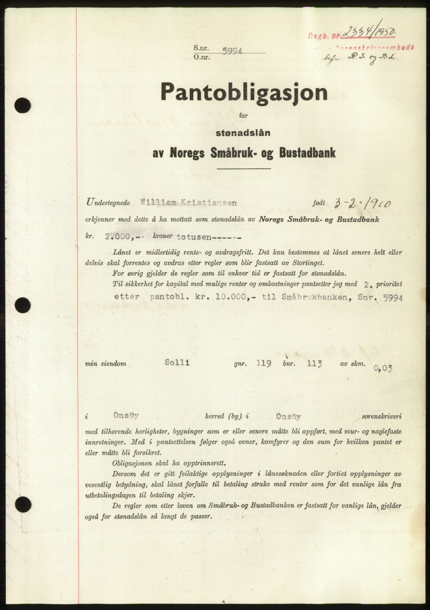 Onsøy sorenskriveri, SAO/A-10474/G/Ga/Gac/L0010: Pantebok nr. B 18-10, 1950-1950, Dagboknr: 2334/1950