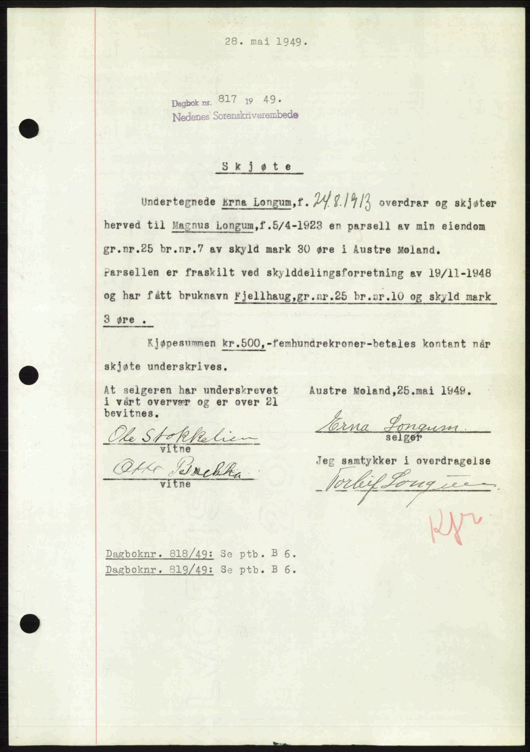 Nedenes sorenskriveri, AV/SAK-1221-0006/G/Gb/Gba/L0060: Pantebok nr. A12, 1948-1949, Dagboknr: 817/1949