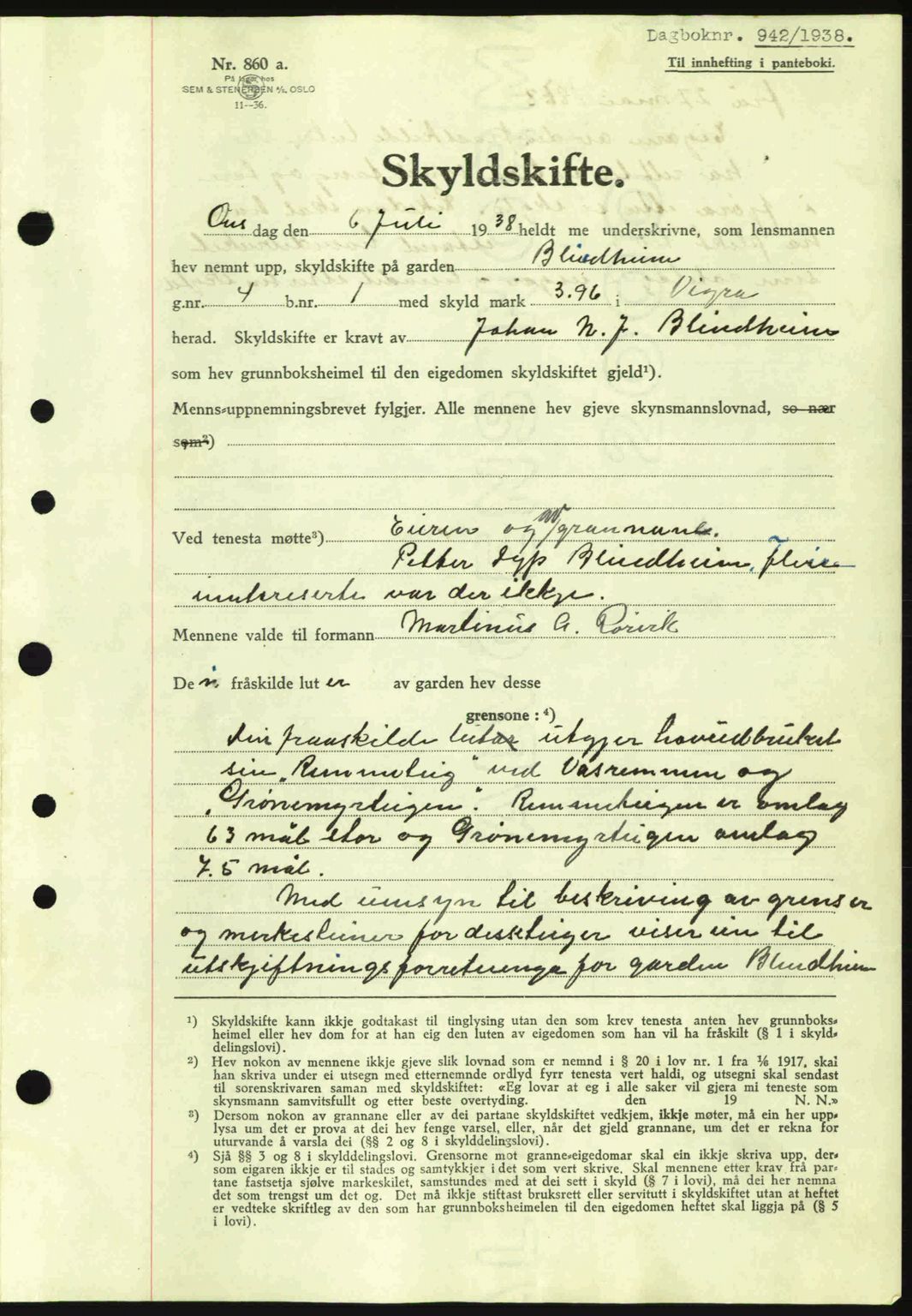 Nordre Sunnmøre sorenskriveri, AV/SAT-A-0006/1/2/2C/2Ca: Pantebok nr. A4, 1937-1938, Dagboknr: 942/1938