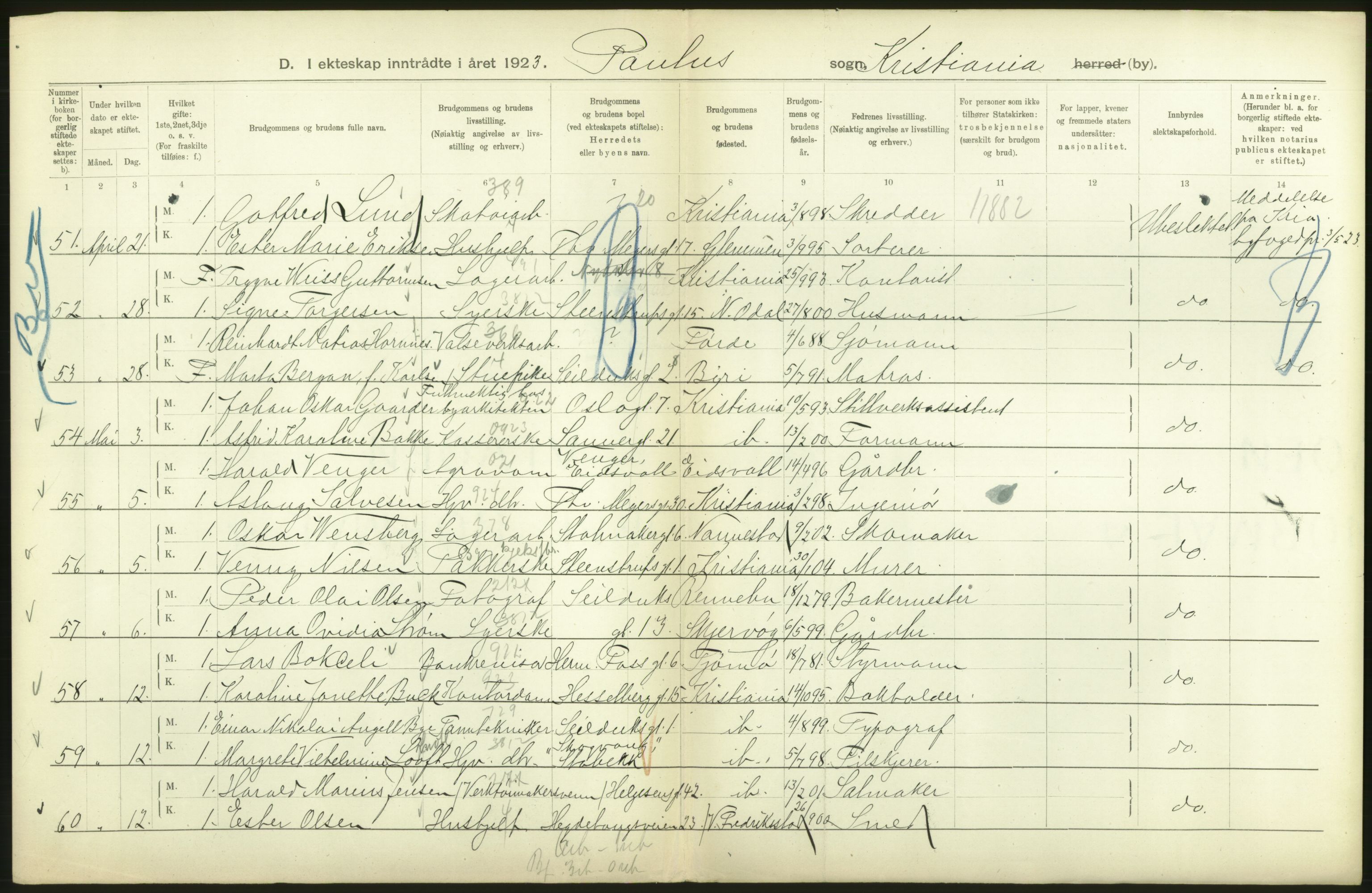 Statistisk sentralbyrå, Sosiodemografiske emner, Befolkning, RA/S-2228/D/Df/Dfc/Dfcc/L0008: Kristiania: Gifte, 1923, s. 88