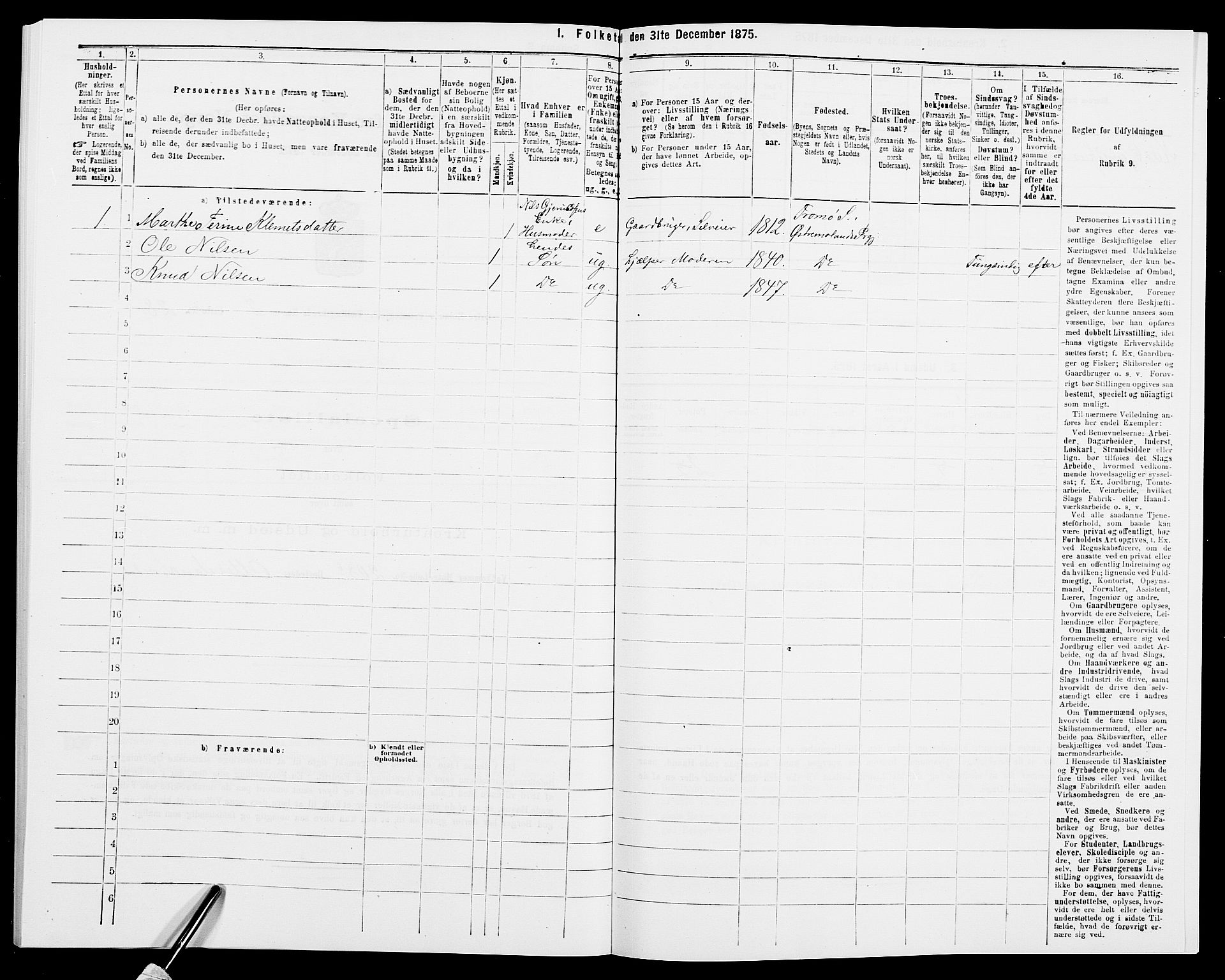 SAK, Folketelling 1875 for 0918P Austre Moland prestegjeld, 1875, s. 1157