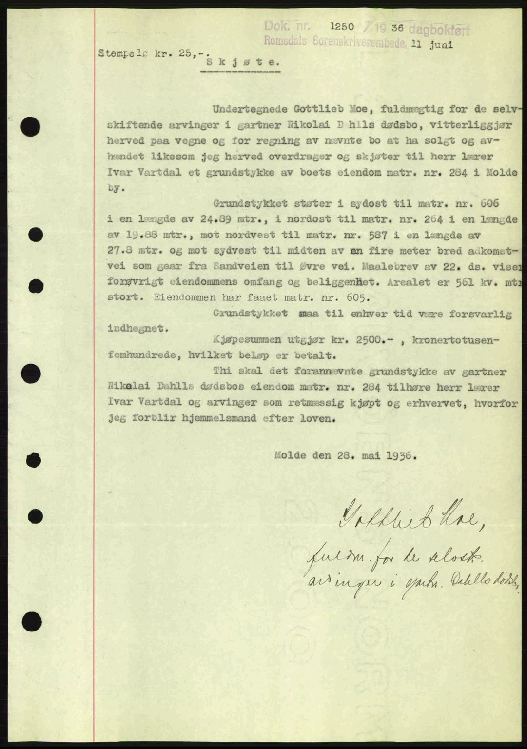Romsdal sorenskriveri, SAT/A-4149/1/2/2C: Pantebok nr. A1, 1936-1936, Dagboknr: 1250/1936