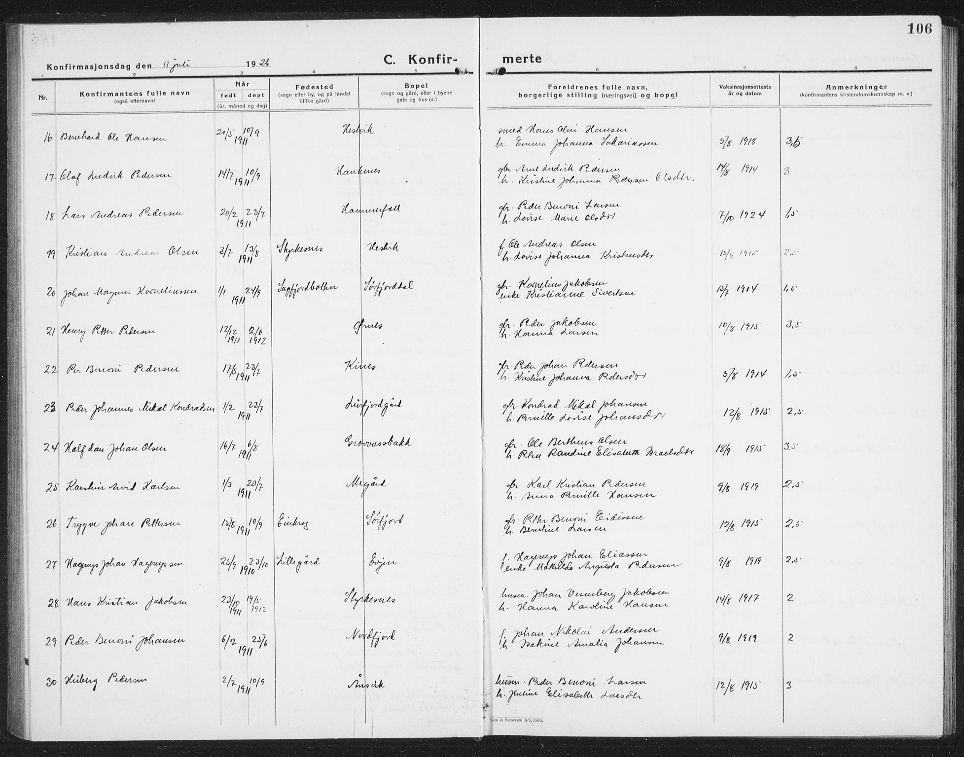 Ministerialprotokoller, klokkerbøker og fødselsregistre - Nordland, AV/SAT-A-1459/854/L0788: Klokkerbok nr. 854C04, 1926-1940, s. 106