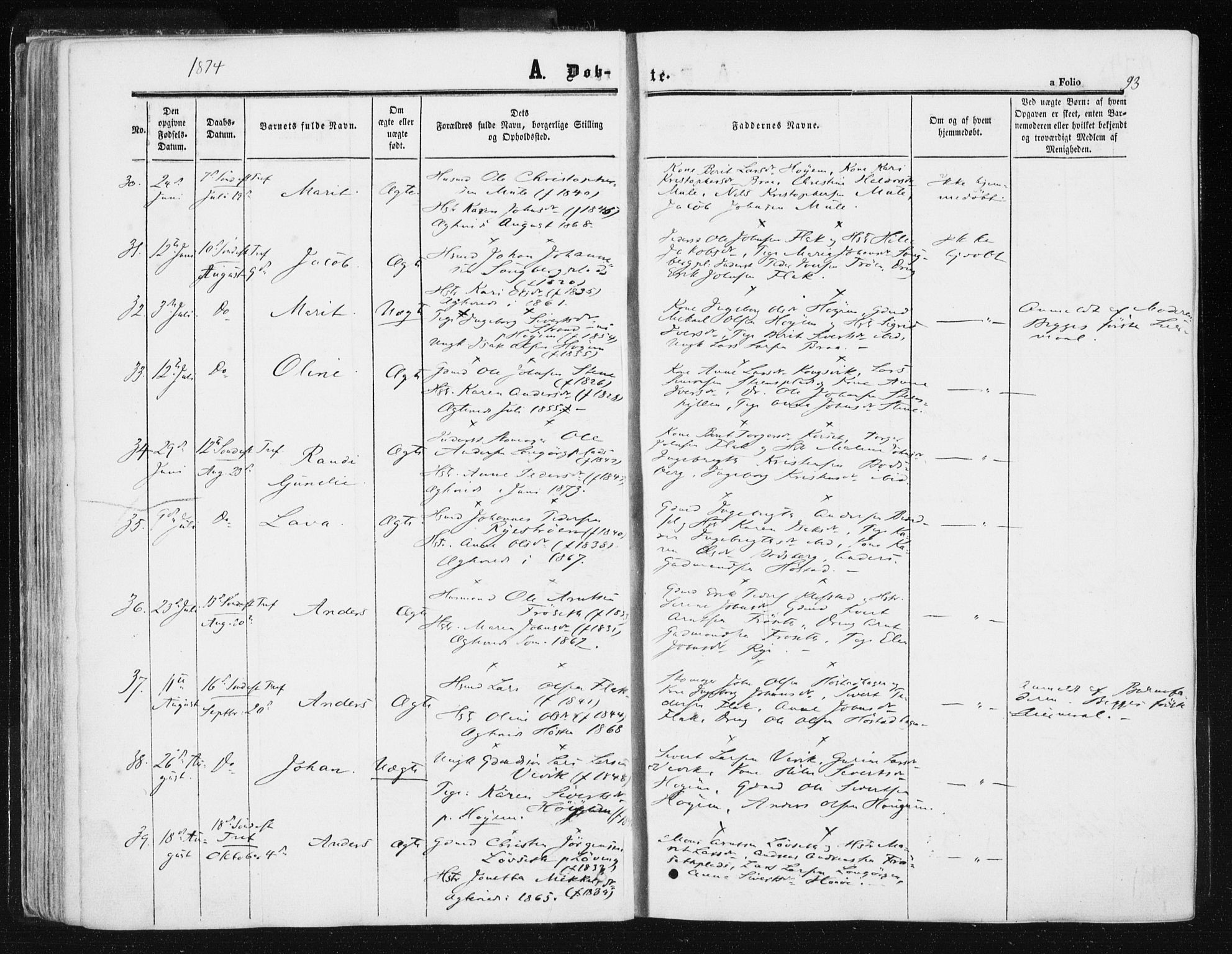 Ministerialprotokoller, klokkerbøker og fødselsregistre - Sør-Trøndelag, SAT/A-1456/612/L0377: Ministerialbok nr. 612A09, 1859-1877, s. 93