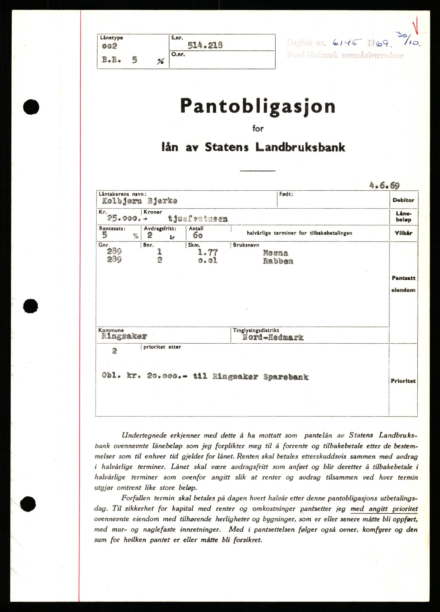 Nord-Hedmark sorenskriveri, SAH/TING-012/H/Hb/Hbf/L0082: Pantebok nr. B82, 1969-1969, Dagboknr: 6145/1969