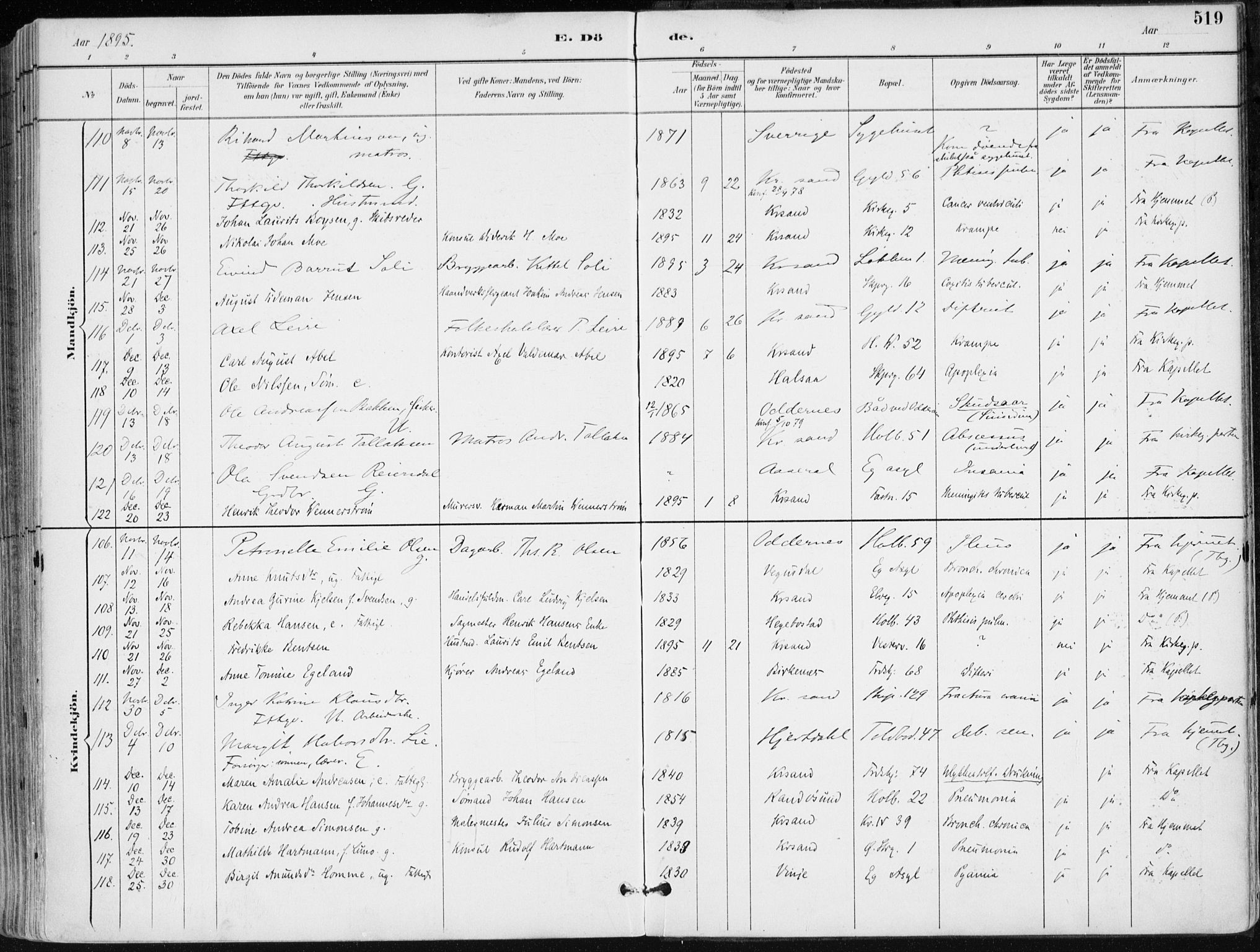 Kristiansand domprosti, AV/SAK-1112-0006/F/Fa/L0019: Ministerialbok nr. A 18, 1890-1897, s. 519