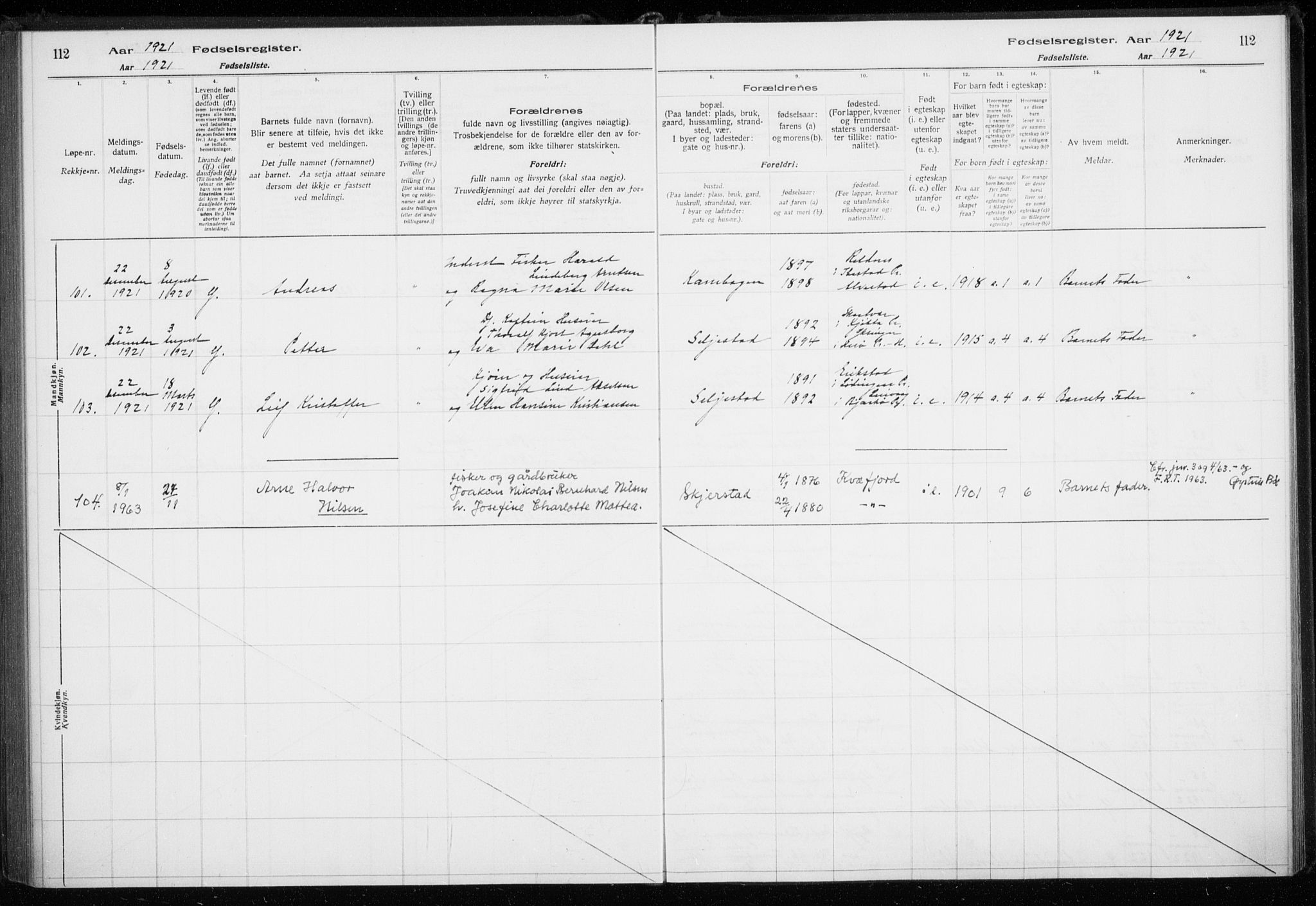 Trondenes sokneprestkontor, SATØ/S-1319/I/Ia/L0089: Fødselsregister nr. 89, 1916-1925, s. 112