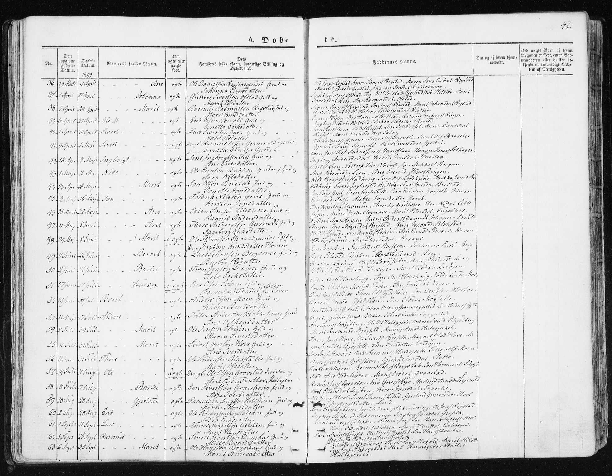 Ministerialprotokoller, klokkerbøker og fødselsregistre - Sør-Trøndelag, SAT/A-1456/672/L0855: Ministerialbok nr. 672A07, 1829-1860, s. 42