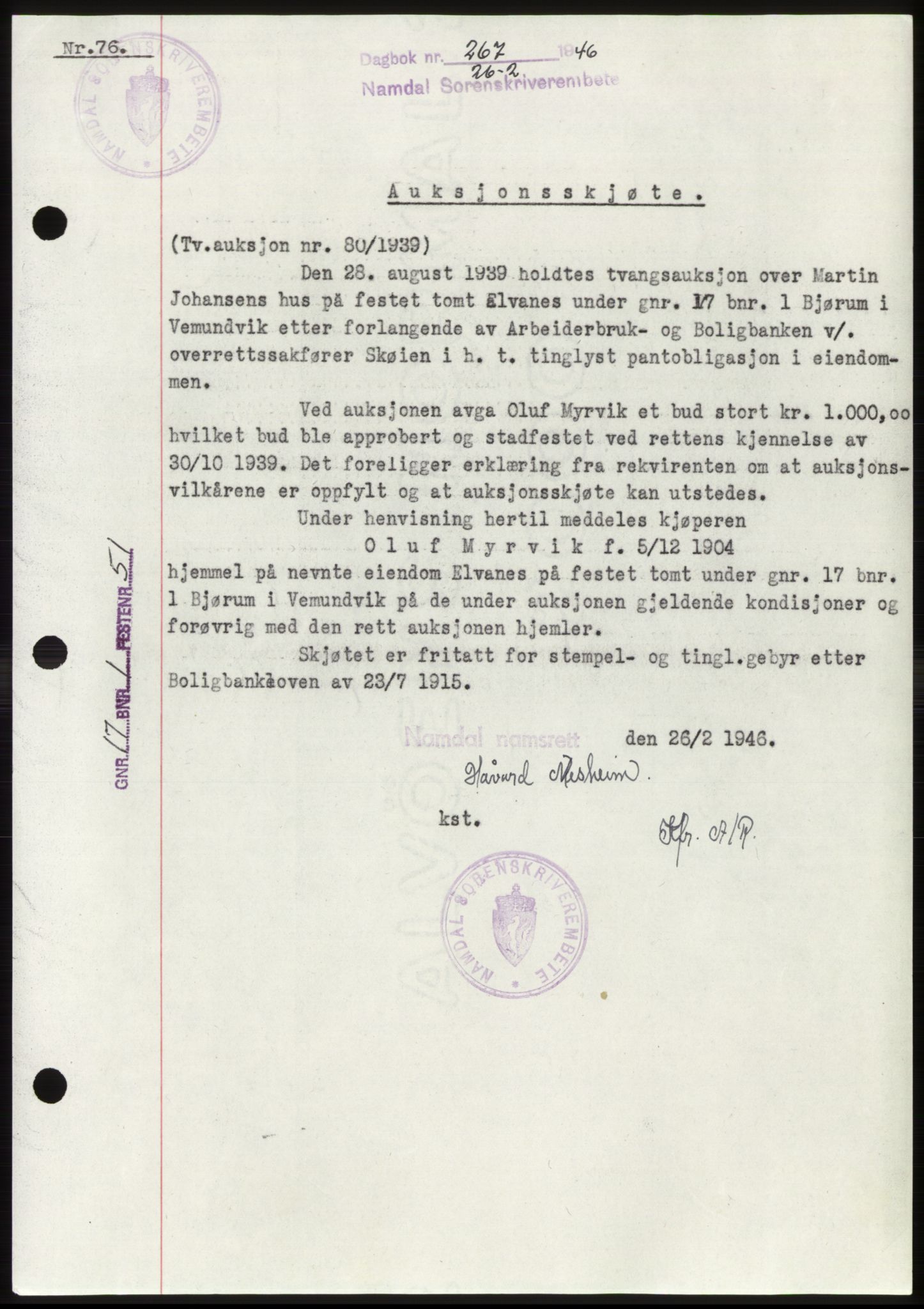 Namdal sorenskriveri, SAT/A-4133/1/2/2C: Pantebok nr. -, 1946-1946, Dagboknr: 267/1946