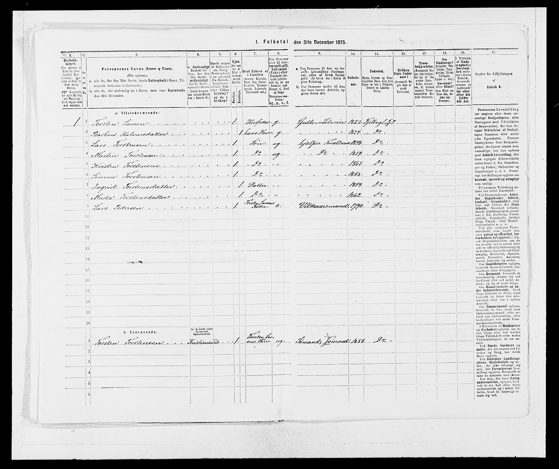 SAB, Folketelling 1875 for 1213P Fjelberg prestegjeld, 1875, s. 805