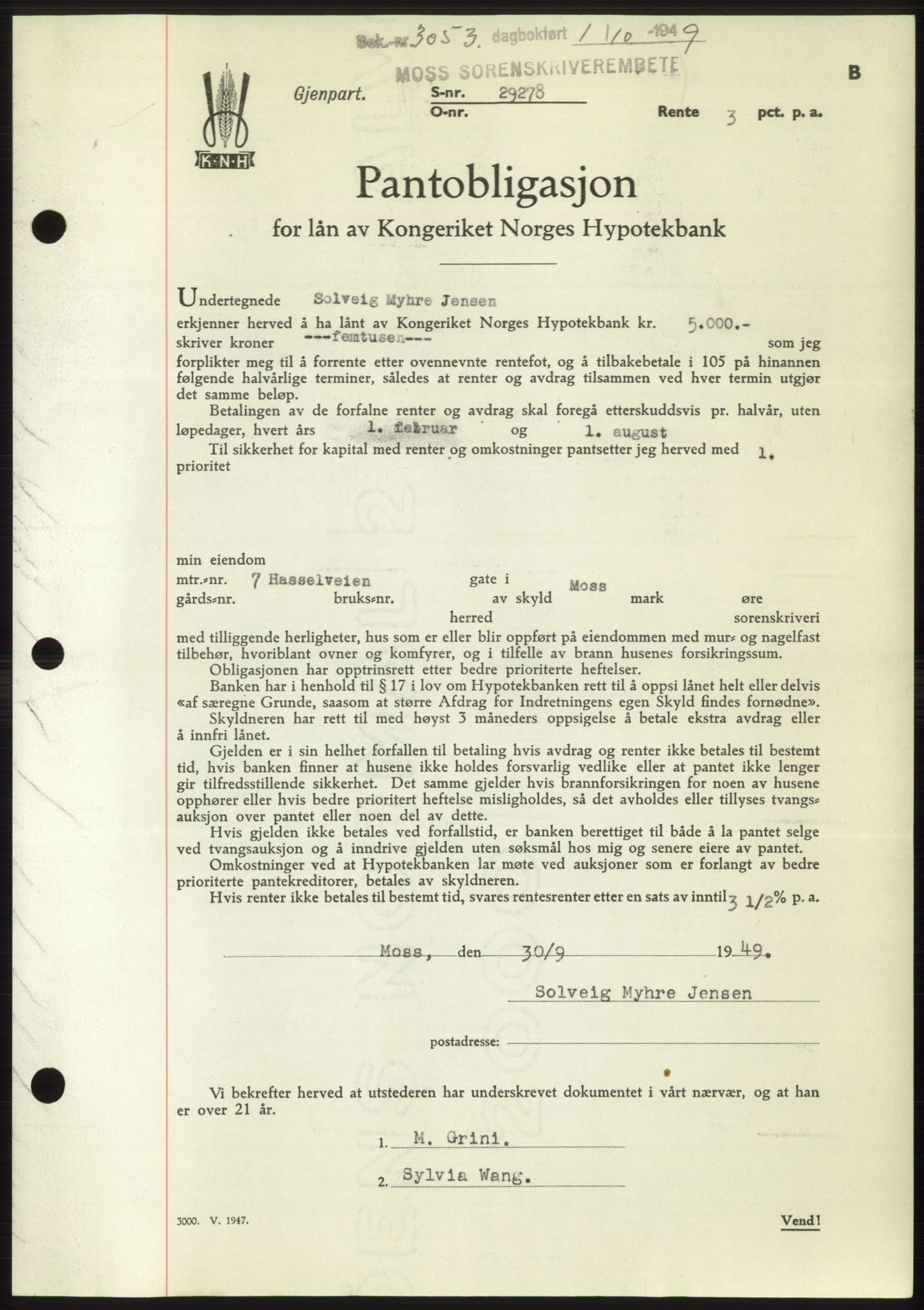 Moss sorenskriveri, SAO/A-10168: Pantebok nr. B22, 1949-1949, Dagboknr: 3053/1949