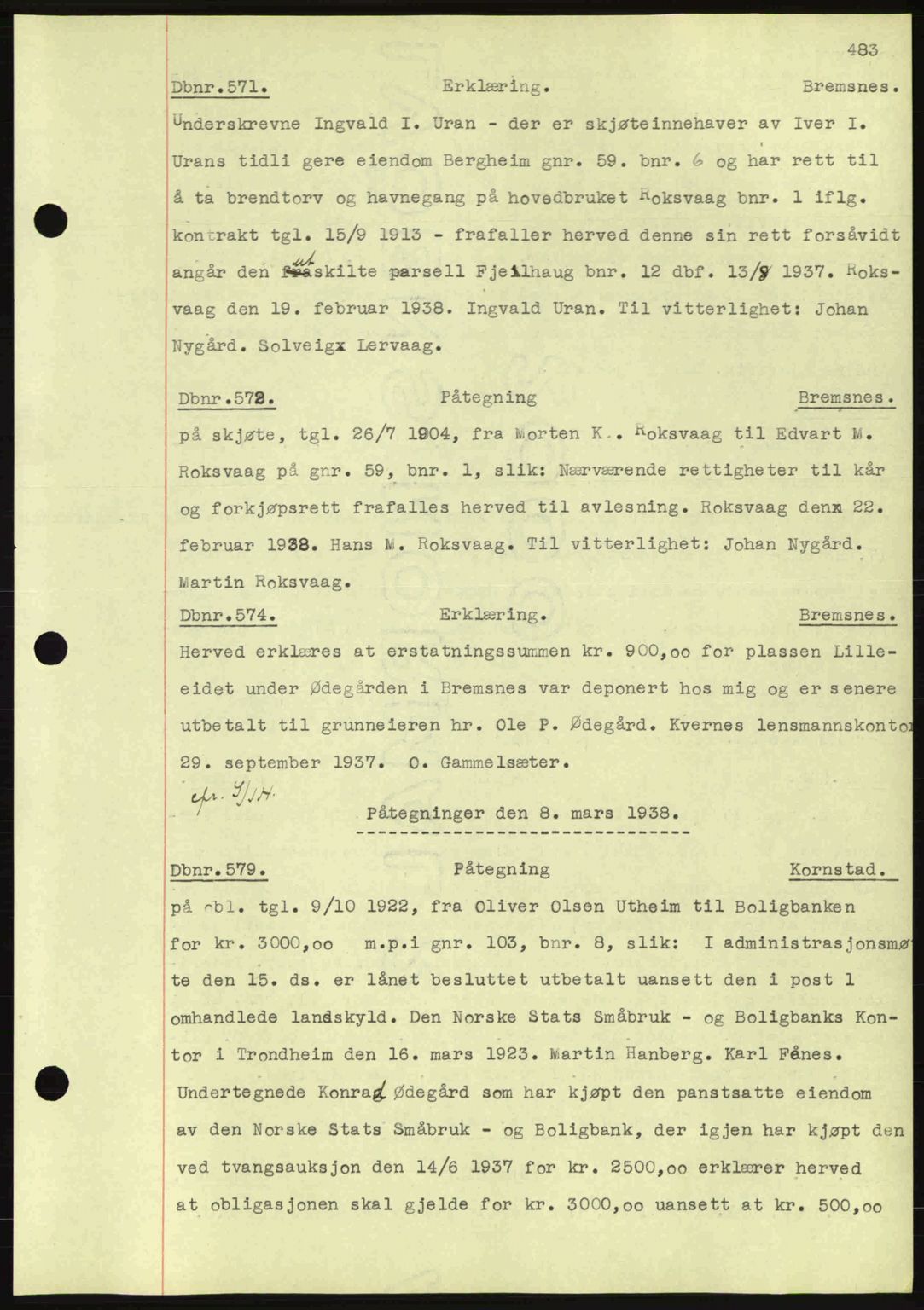 Nordmøre sorenskriveri, SAT/A-4132/1/2/2Ca: Pantebok nr. C80, 1936-1939, Dagboknr: 571/1938