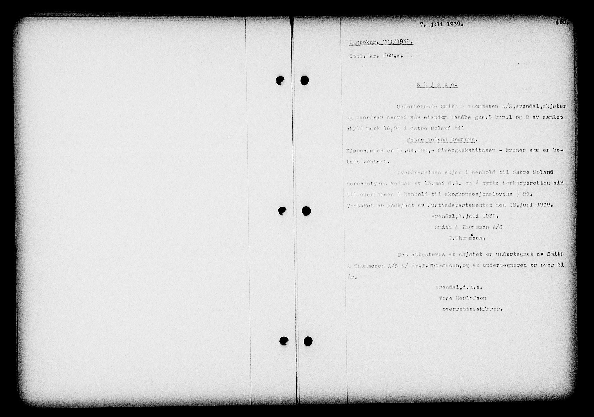 Nedenes sorenskriveri, AV/SAK-1221-0006/G/Gb/Gba/L0046: Pantebok nr. 42, 1938-1939, Dagboknr: 701/1939