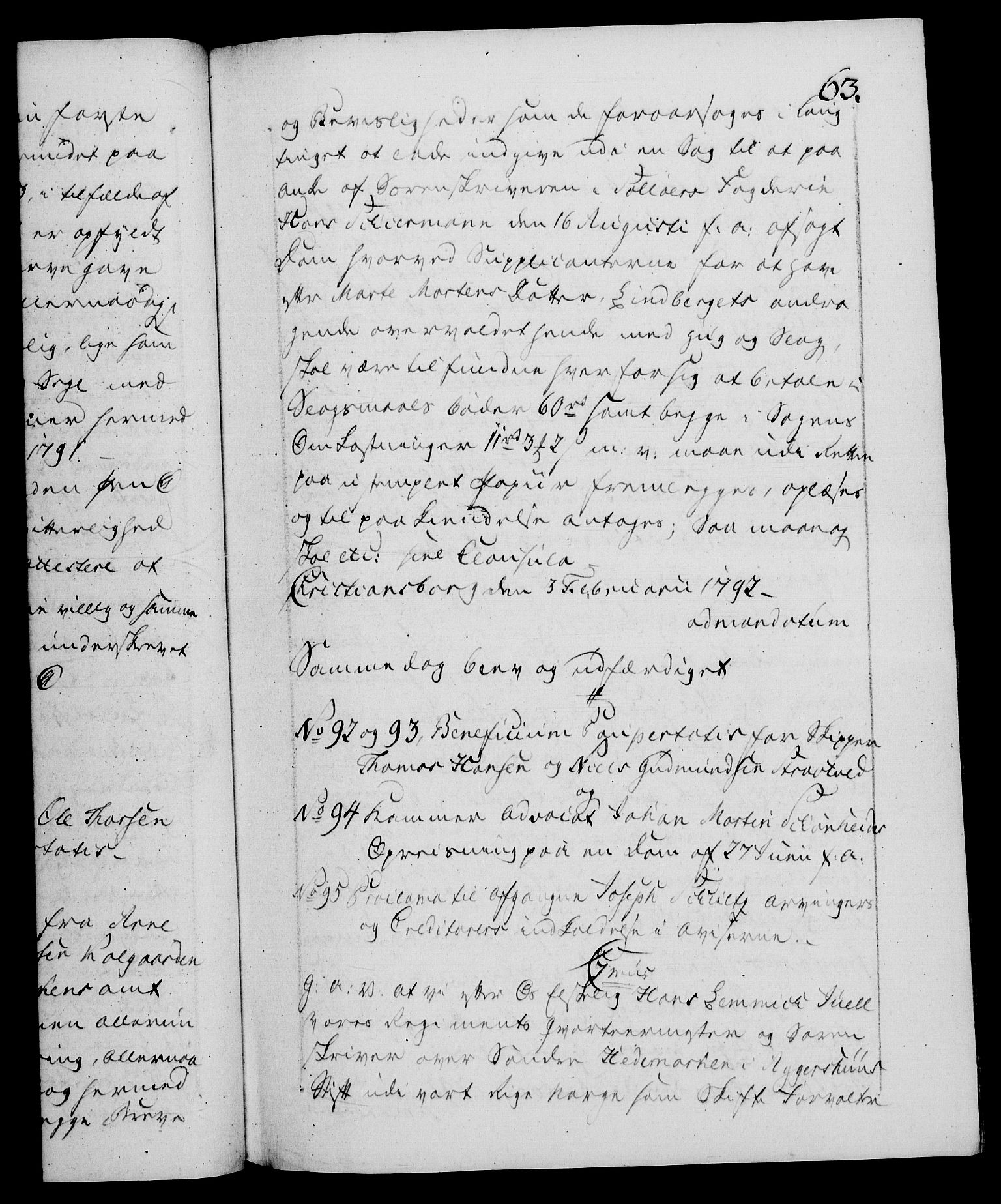Danske Kanselli 1572-1799, RA/EA-3023/F/Fc/Fca/Fcaa/L0054: Norske registre, 1792-1793, s. 63a