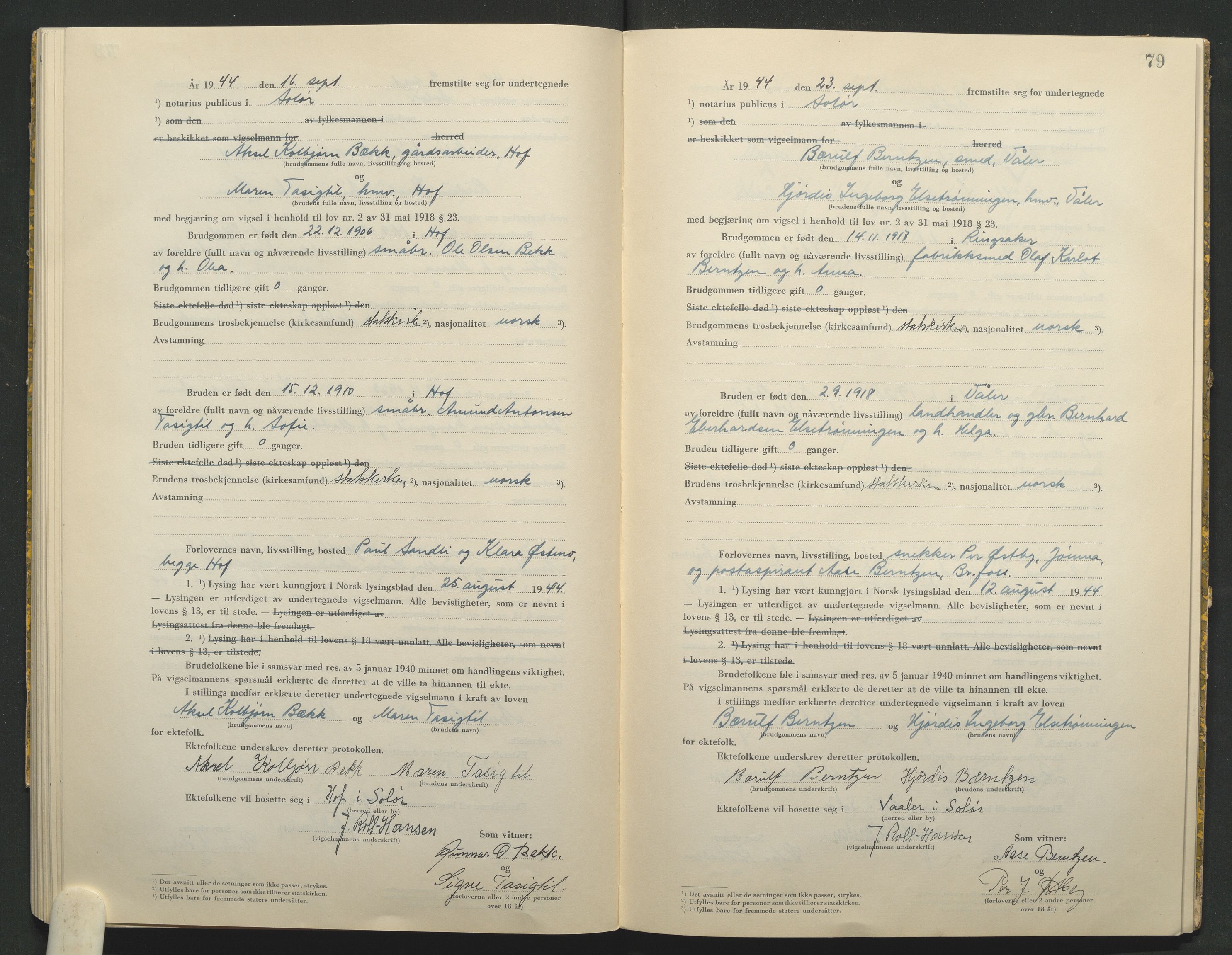 Solør tingrett, AV/SAH-TING-008/L/Lb/L0002: Vigselprotokoll, 1943-1944, s. 79
