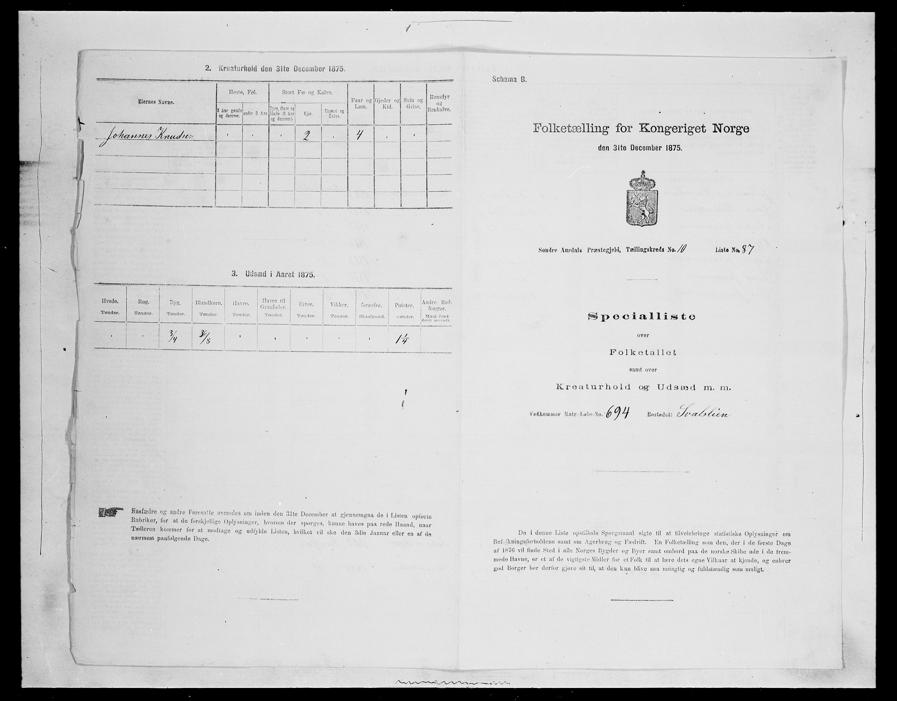 SAH, Folketelling 1875 for 0540P Sør-Aurdal prestegjeld, 1875, s. 1844