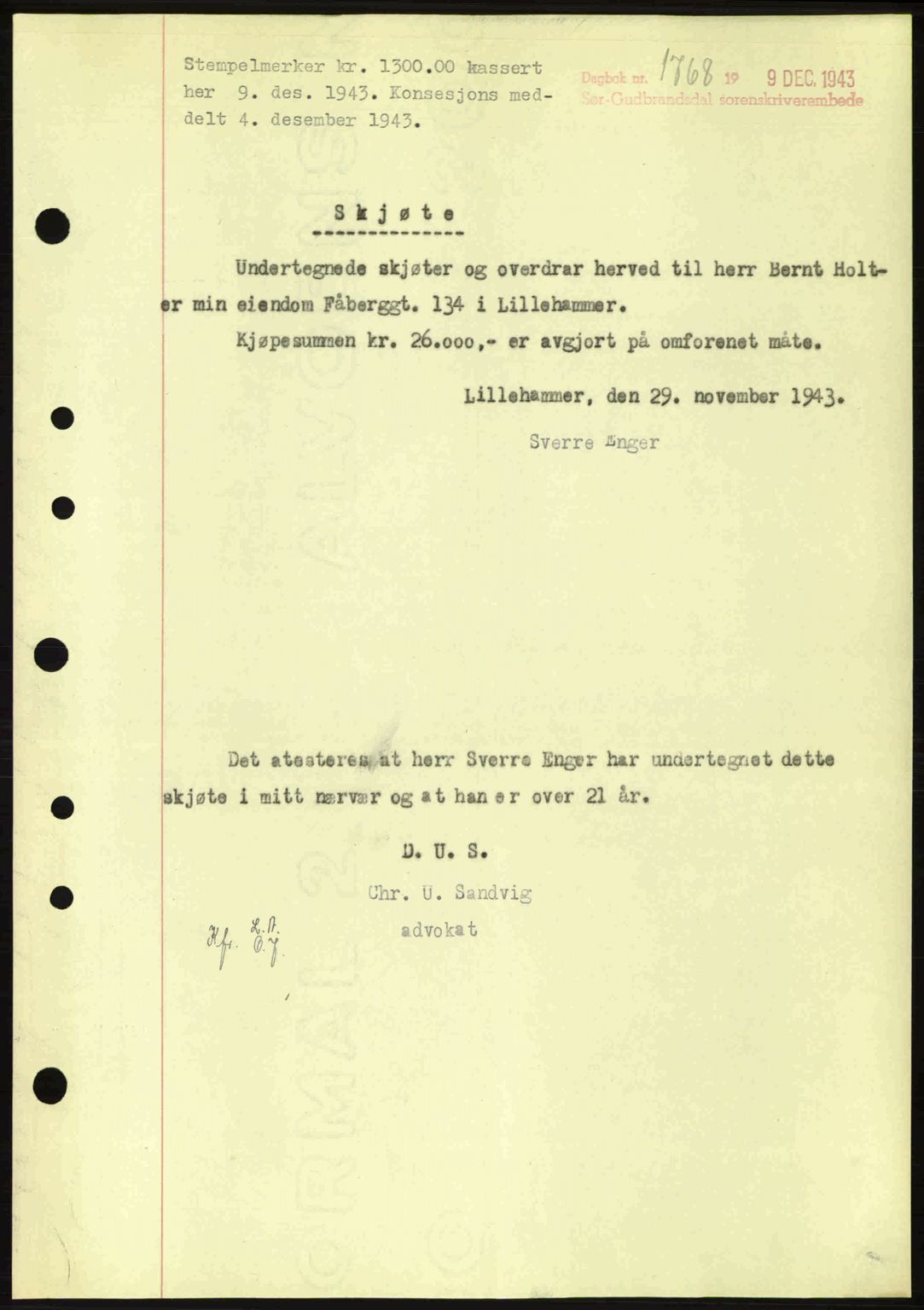 Sør-Gudbrandsdal tingrett, SAH/TING-004/H/Hb/Hbd/L0012: Pantebok nr. A12, 1943-1944, Dagboknr: 1768/1943