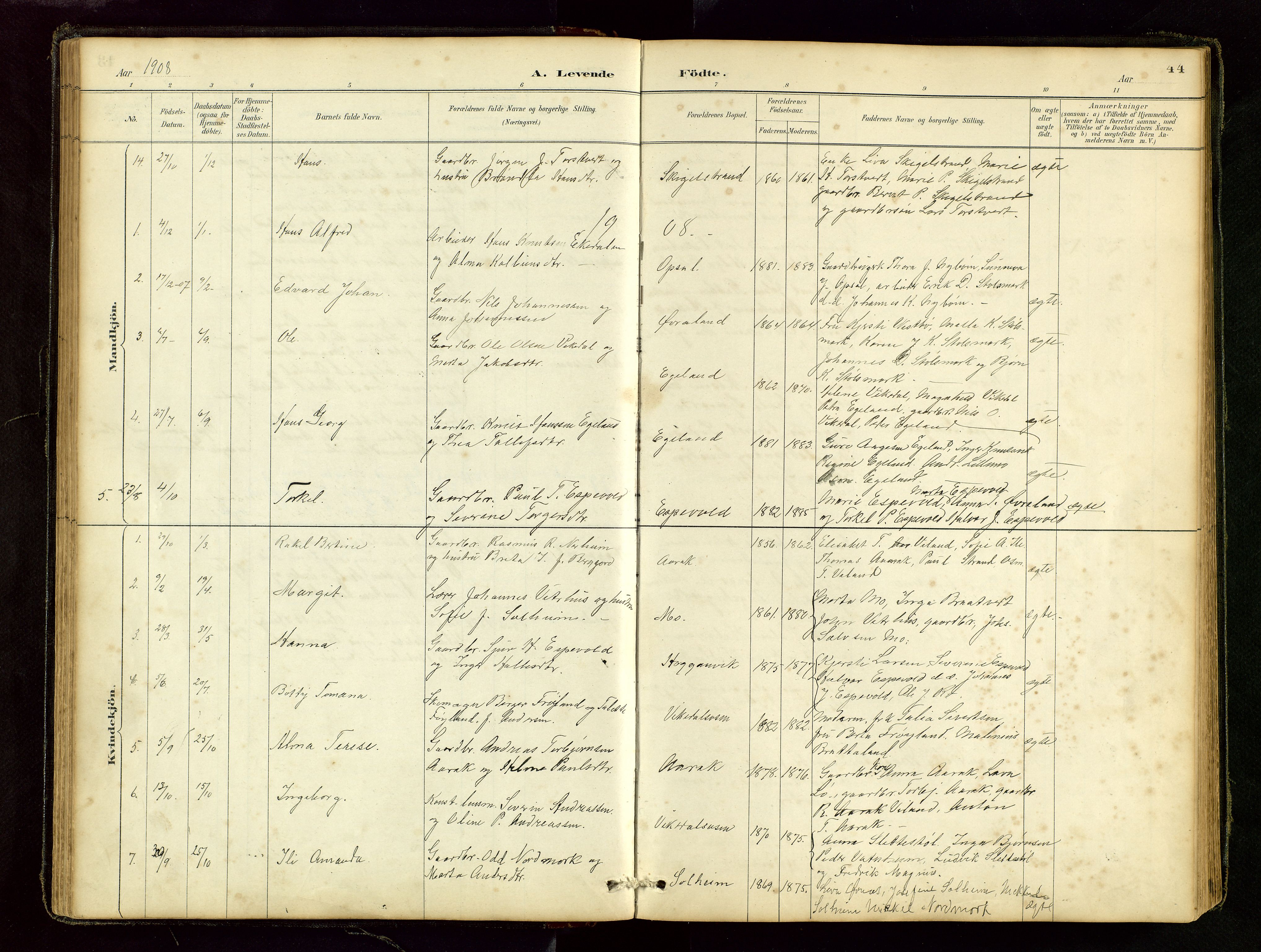 Vikedal sokneprestkontor, AV/SAST-A-101840/01/V: Klokkerbok nr. B 6, 1889-1956, s. 44