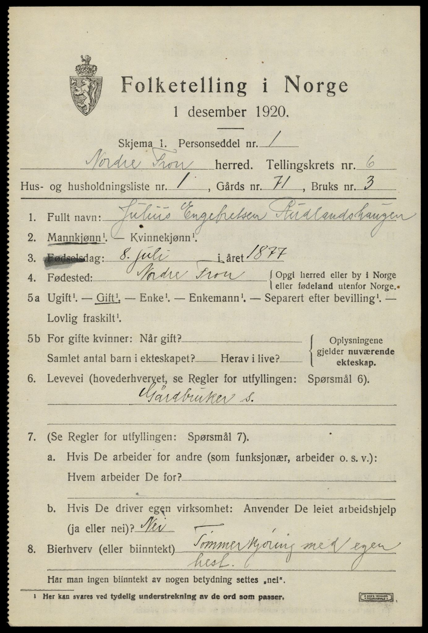 SAH, Folketelling 1920 for 0518 Nord-Fron herred, 1920, s. 5378