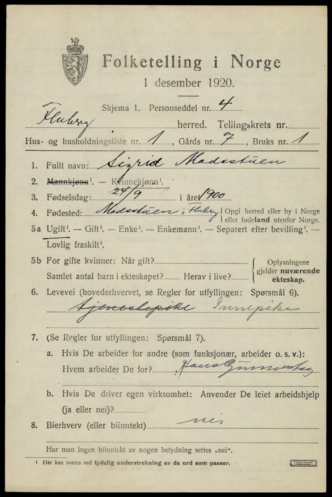 SAH, Folketelling 1920 for 0537 Fluberg herred, 1920, s. 3954