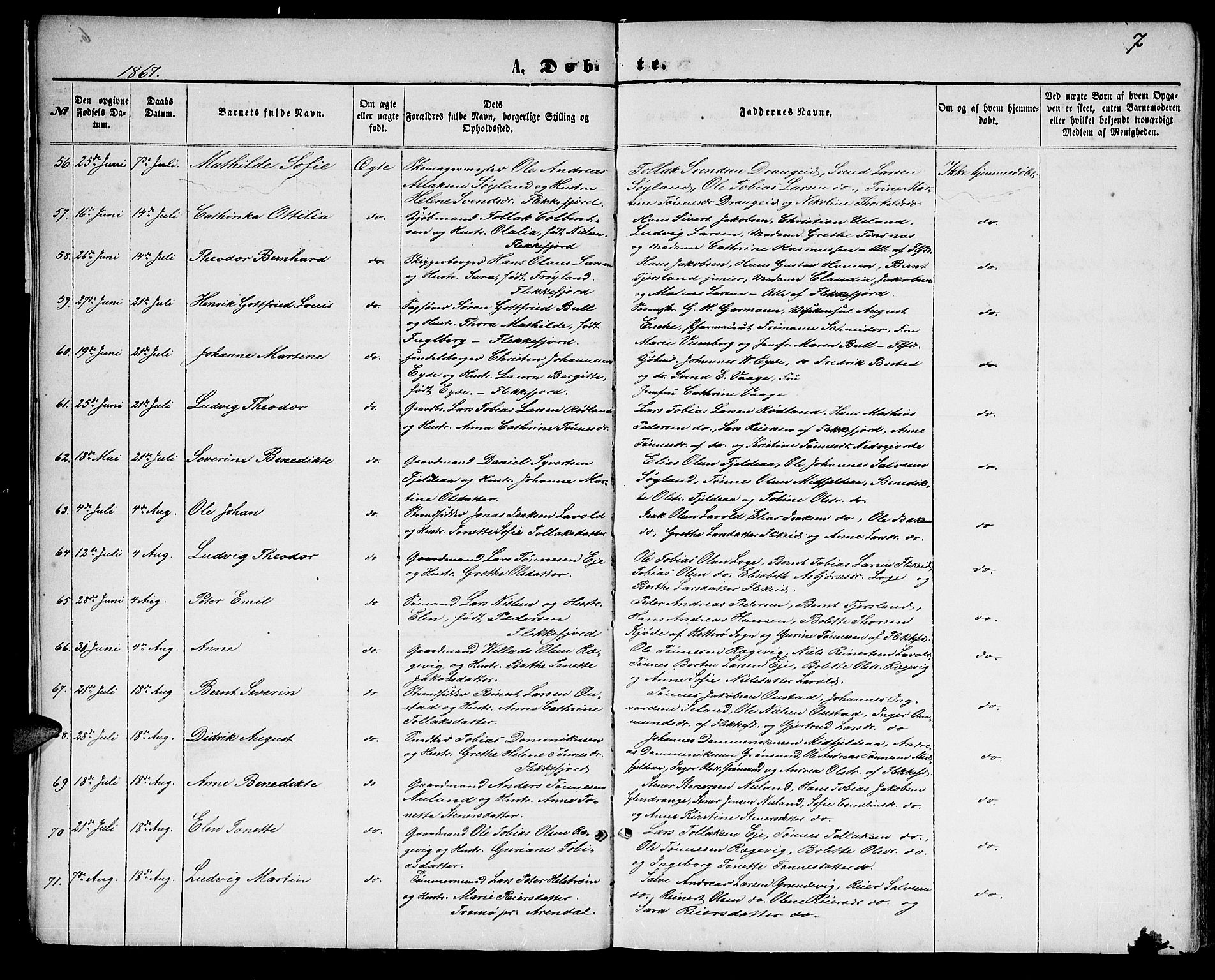 Flekkefjord sokneprestkontor, AV/SAK-1111-0012/F/Fb/Fbc/L0006: Klokkerbok nr. B 6, 1866-1879, s. 7