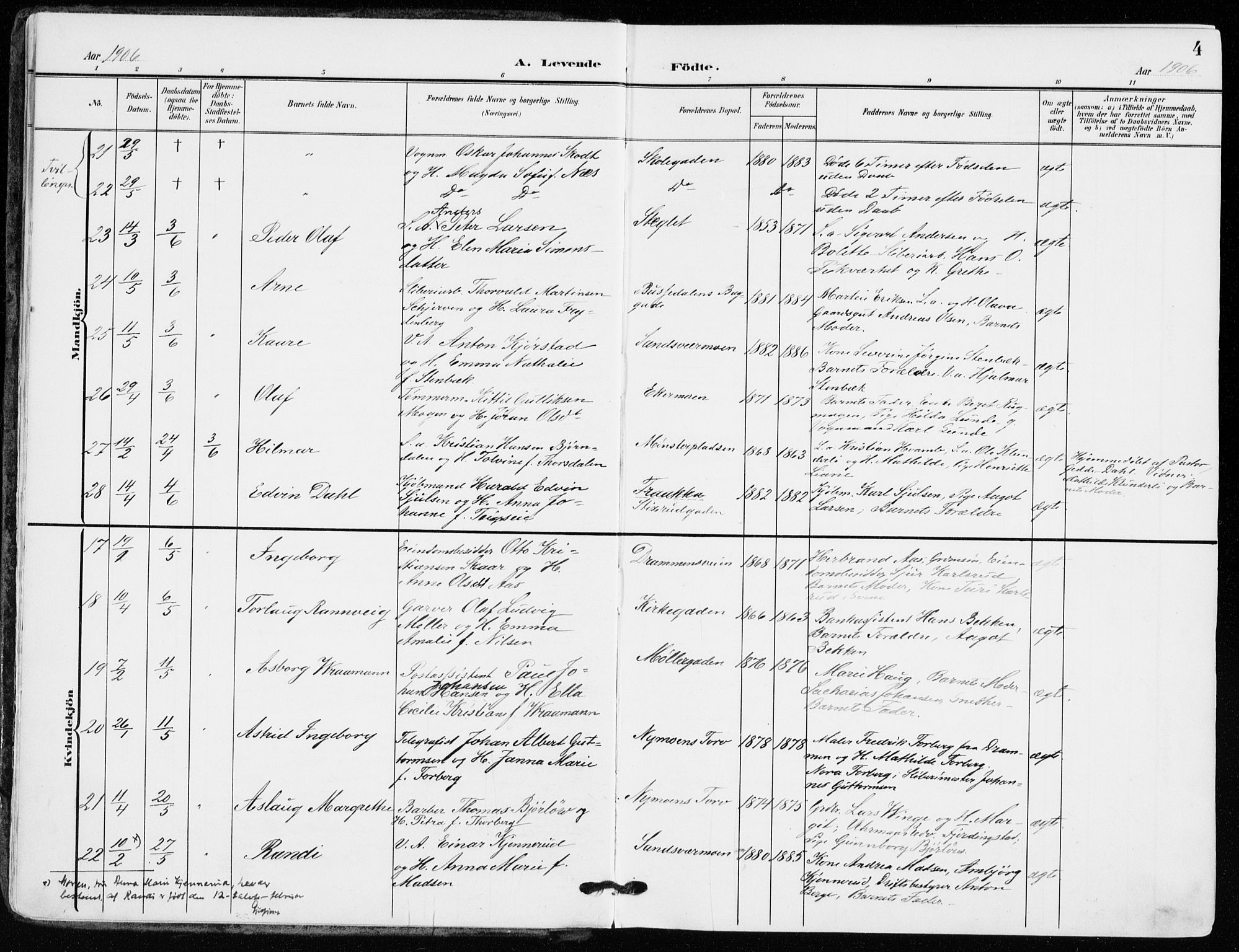 Kongsberg kirkebøker, AV/SAKO-A-22/F/Fb/L0004: Ministerialbok nr. II 4, 1906-1918, s. 4
