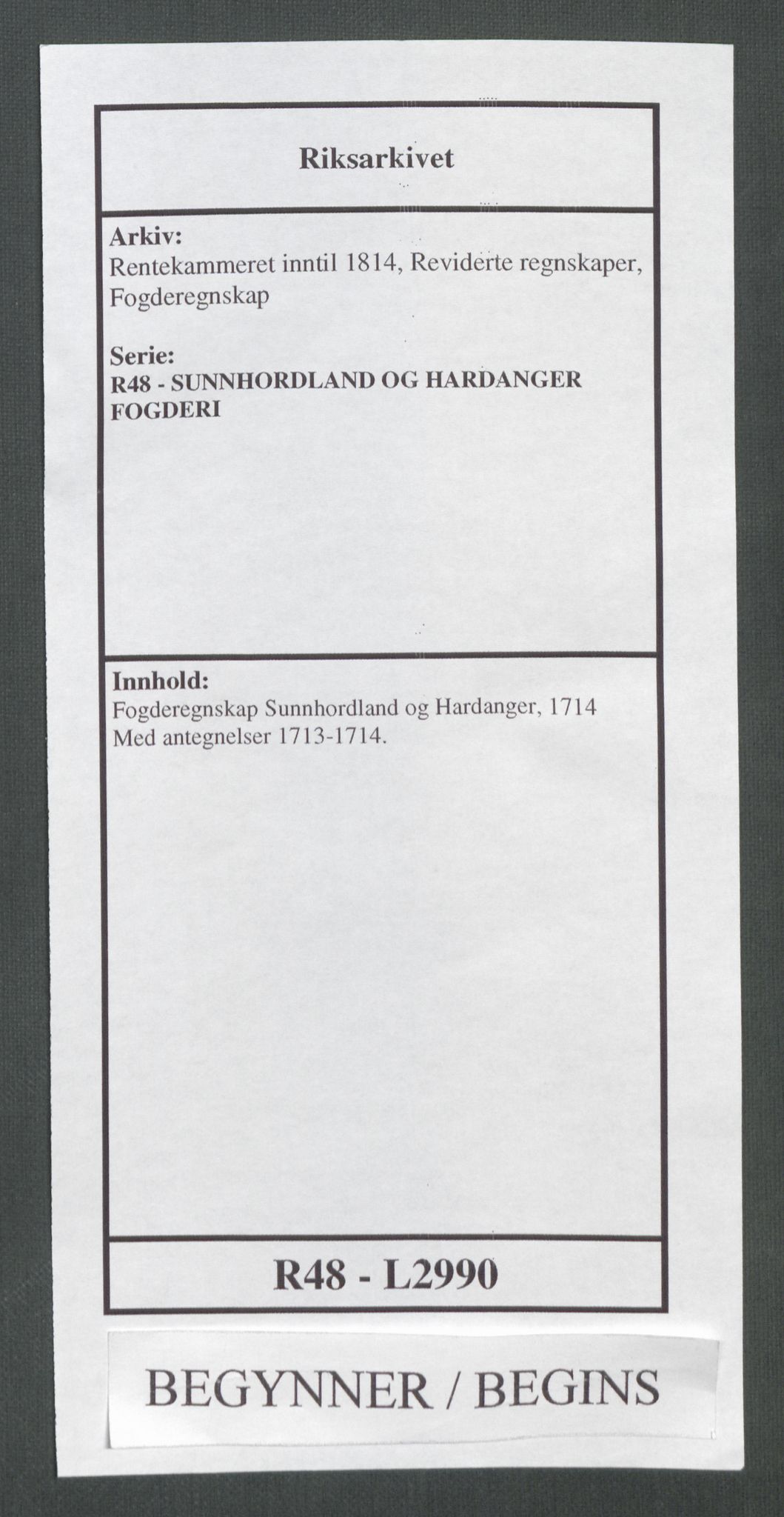 Rentekammeret inntil 1814, Reviderte regnskaper, Fogderegnskap, RA/EA-4092/R48/L2990: Fogderegnskap Sunnhordland og Hardanger, 1714, s. 1
