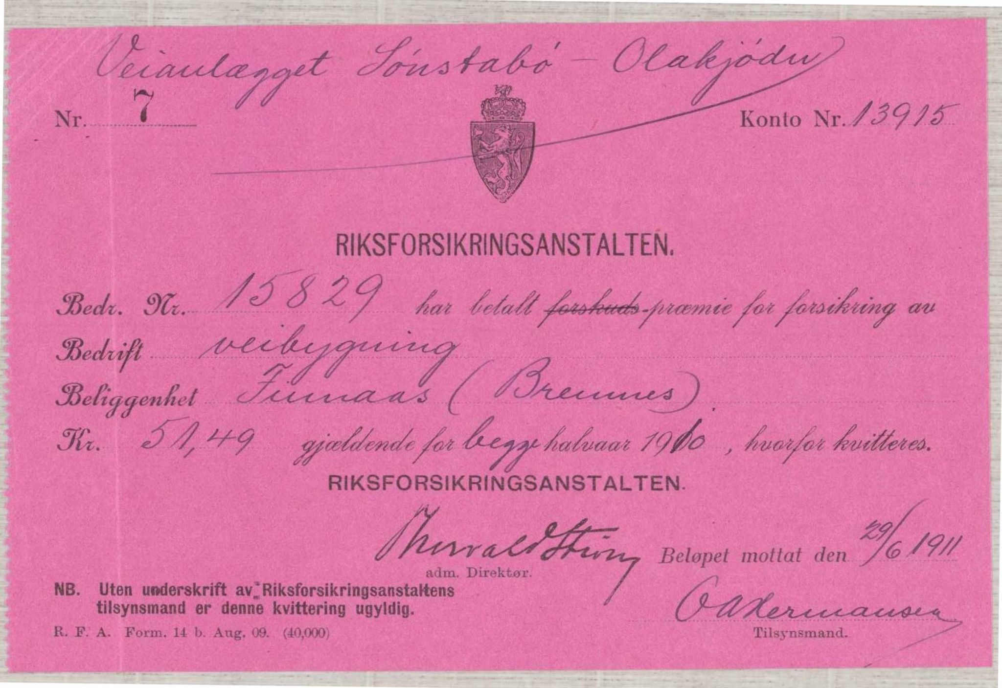 Finnaas kommune. Formannskapet, IKAH/1218a-021/E/Ea/L0001/0006: Rekneskap for veganlegg / Rekneskap for veganlegget Sønstabø - Olakjødn, 1909-1914, s. 75