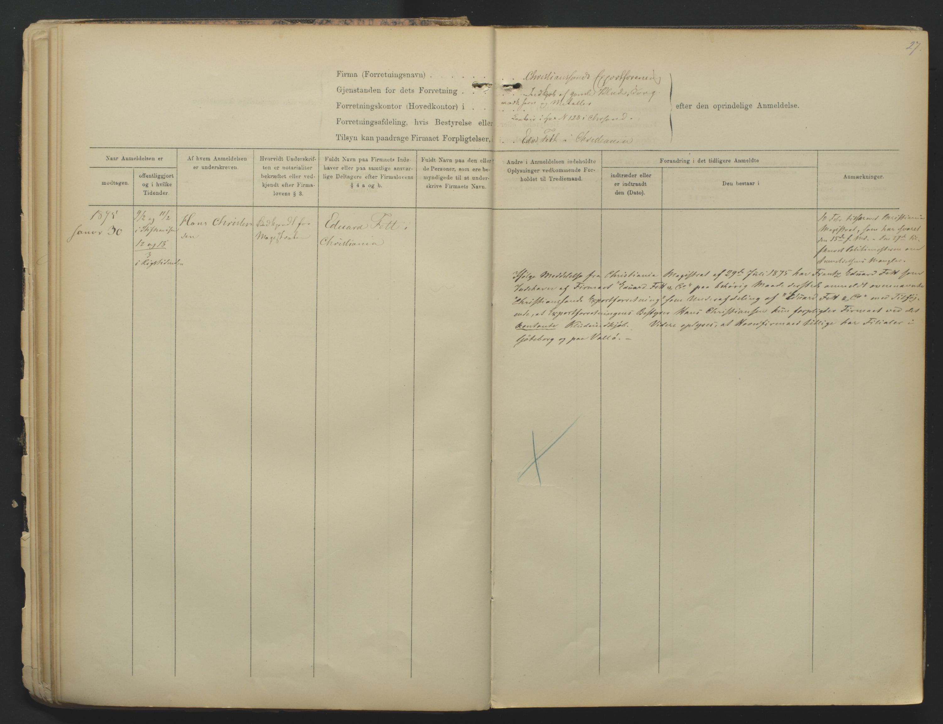 Kristiansand byrett, SAK/1223-0001/K/Kb/L0001: Firmaregister A, med register, 1874-1890, s. 27