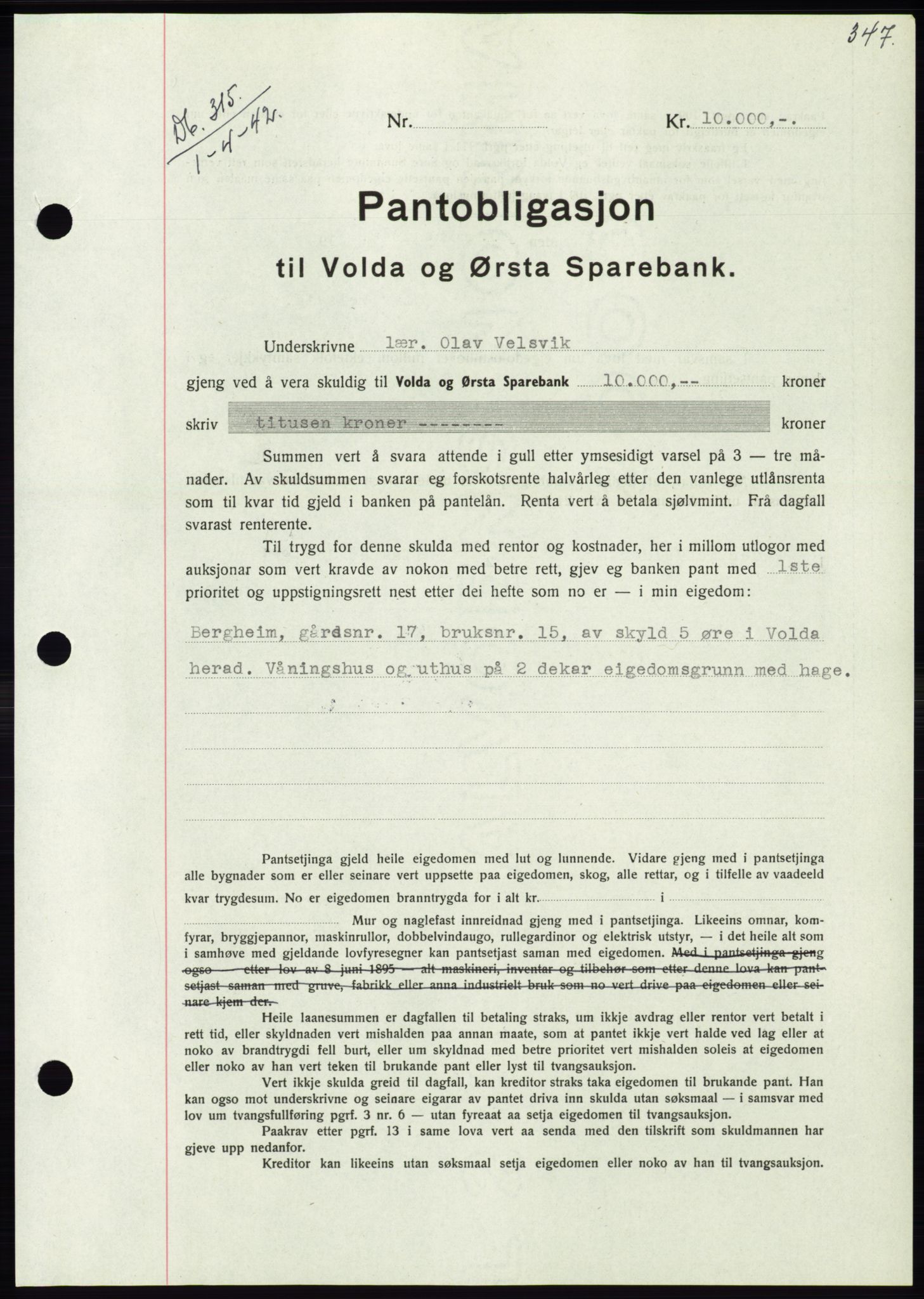 Søre Sunnmøre sorenskriveri, SAT/A-4122/1/2/2C/L0073: Pantebok nr. 67, 1941-1942, Dagboknr: 315/1942
