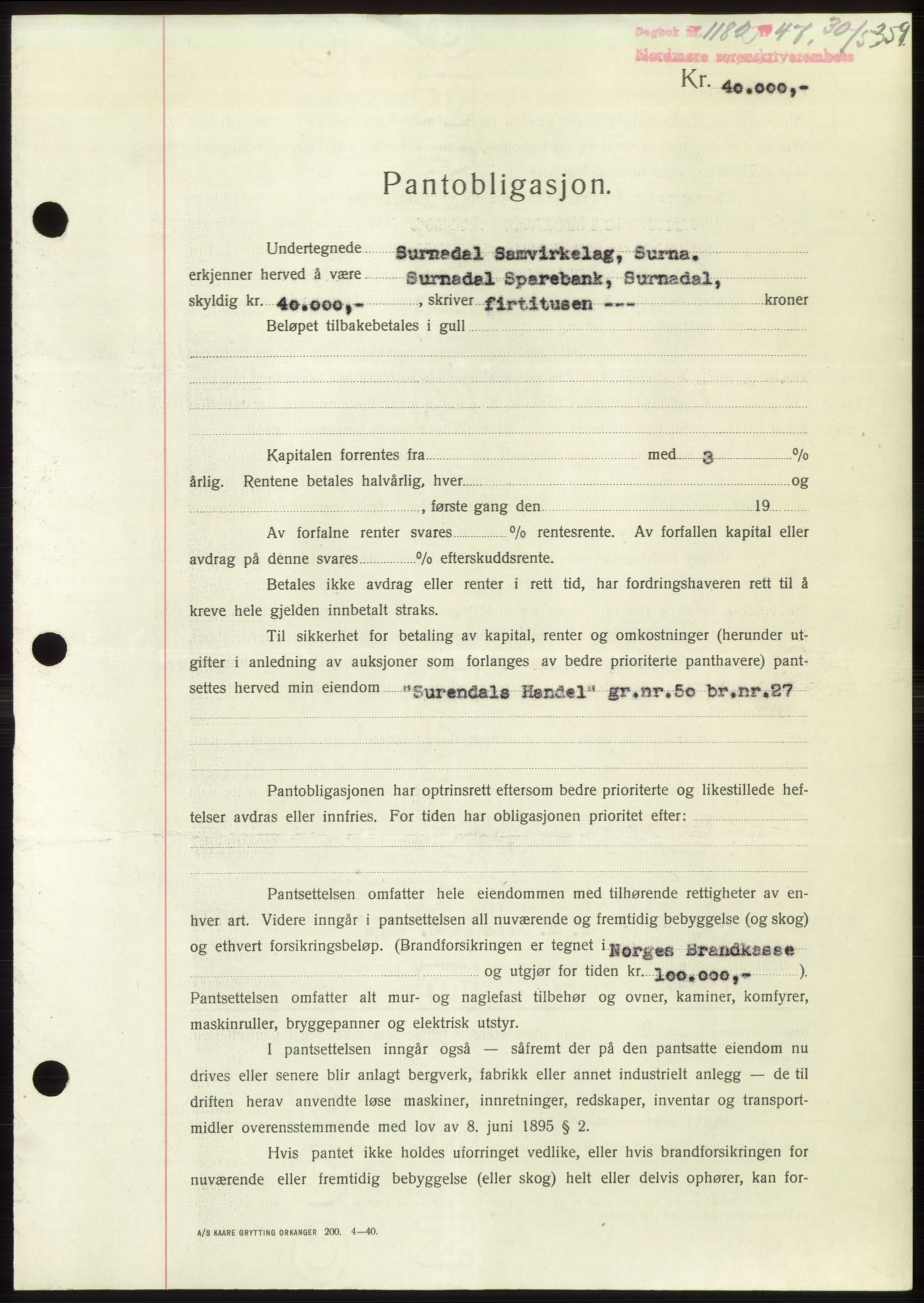 Nordmøre sorenskriveri, SAT/A-4132/1/2/2Ca: Pantebok nr. B96, 1947-1947, Dagboknr: 1182/1947