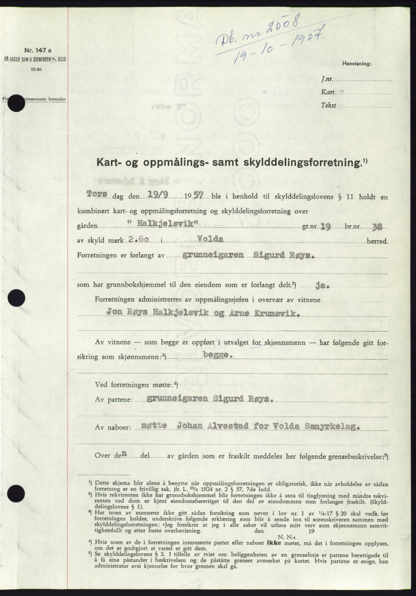 Søre Sunnmøre sorenskriveri, SAT/A-4122/1/2/2C/L0107: Pantebok nr. 33A, 1957-1957, Dagboknr: 2508/1957