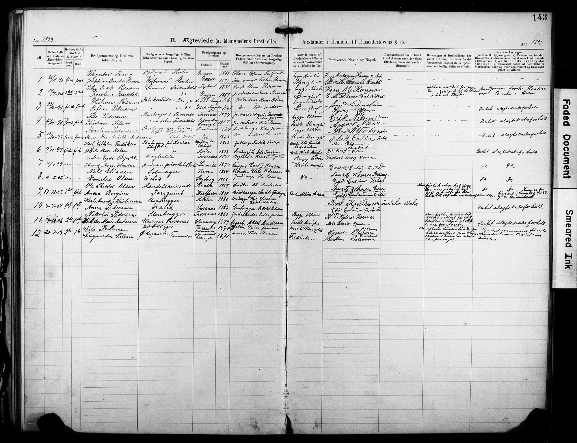 Kristi menighet Fredrikstad , AV/SAO-PAO-0231/A/L0001: Dissenterprotokoll nr. 1, 1893-1914, s. 143