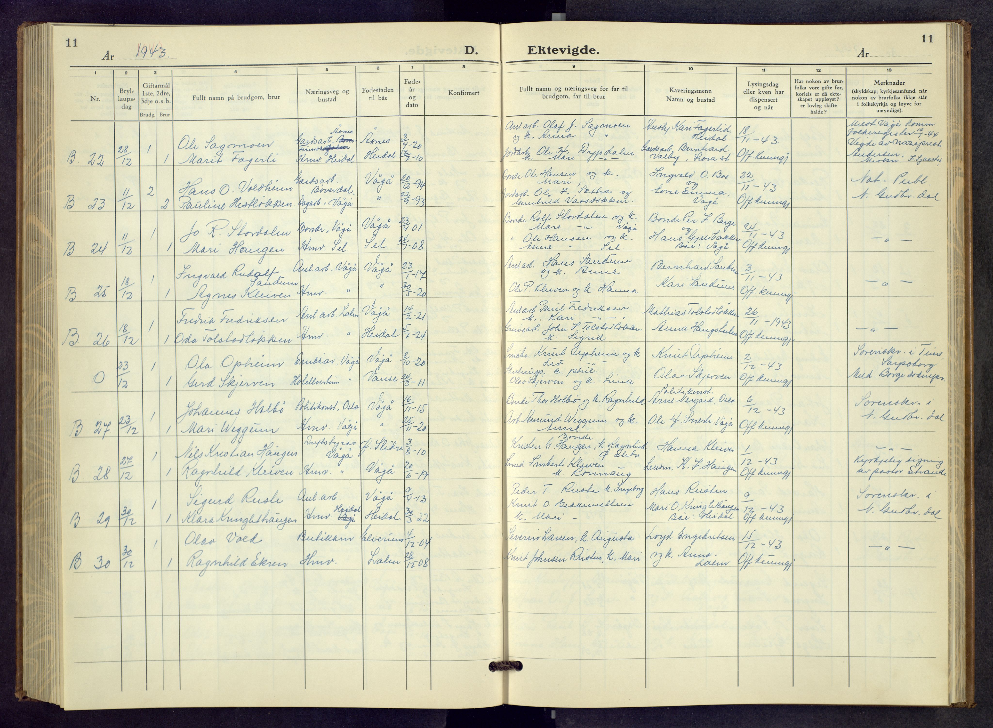 Vågå prestekontor, AV/SAH-PREST-076/H/Ha/Hab/L0003: Klokkerbok nr. 3, 1940-1961, s. 11
