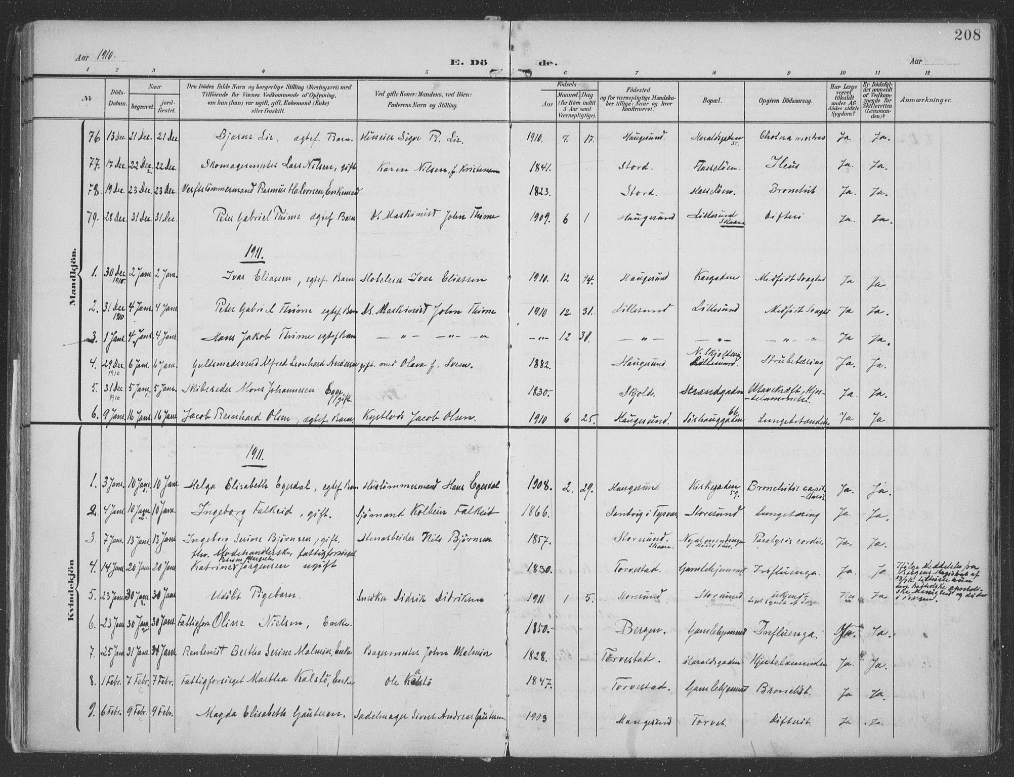 Haugesund sokneprestkontor, AV/SAST-A -101863/H/Ha/Haa/L0007: Ministerialbok nr. A 7, 1904-1916, s. 208