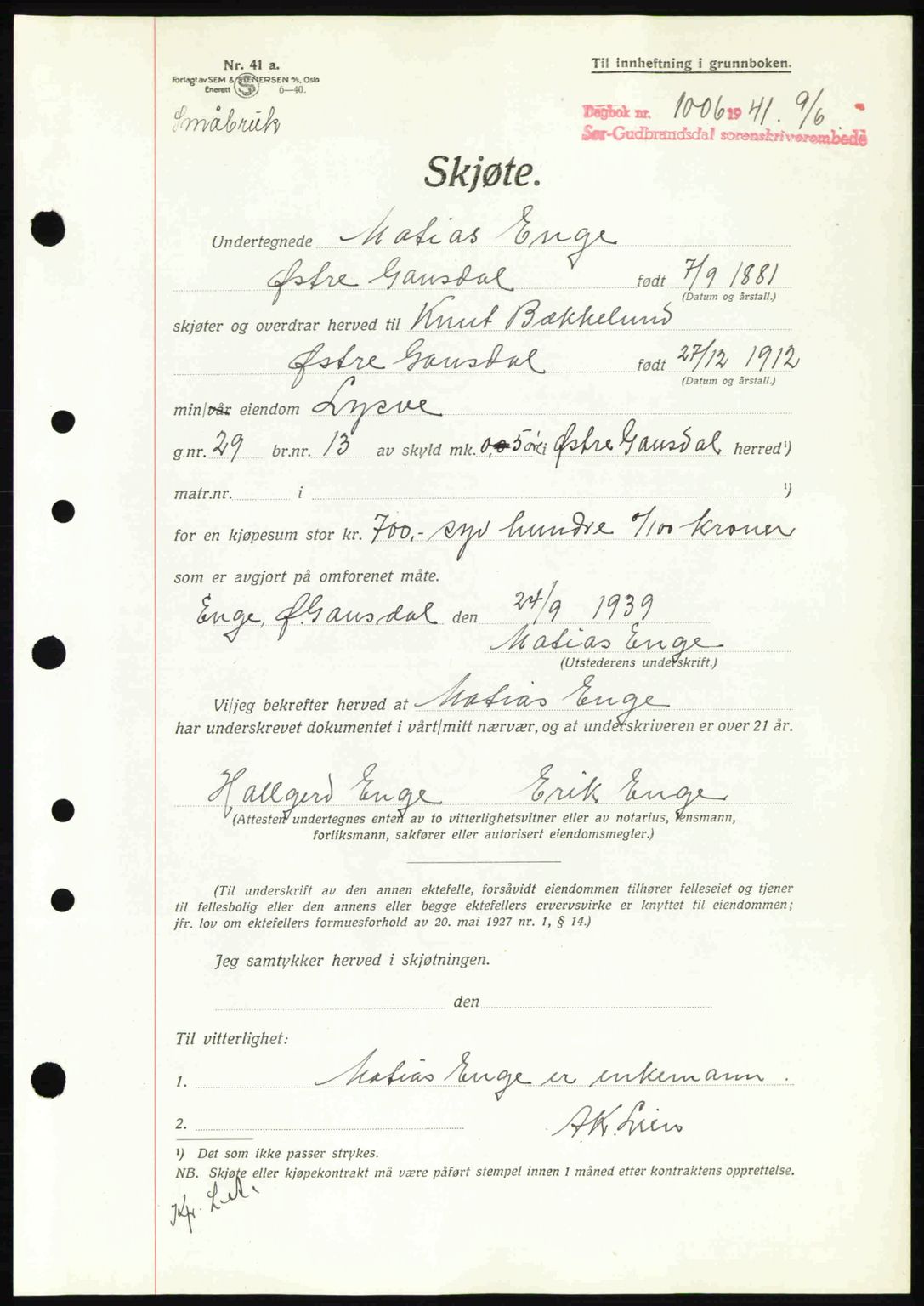 Sør-Gudbrandsdal tingrett, SAH/TING-004/H/Hb/Hbd/L0009: Pantebok nr. A9, 1941-1941, Dagboknr: 1006/1941