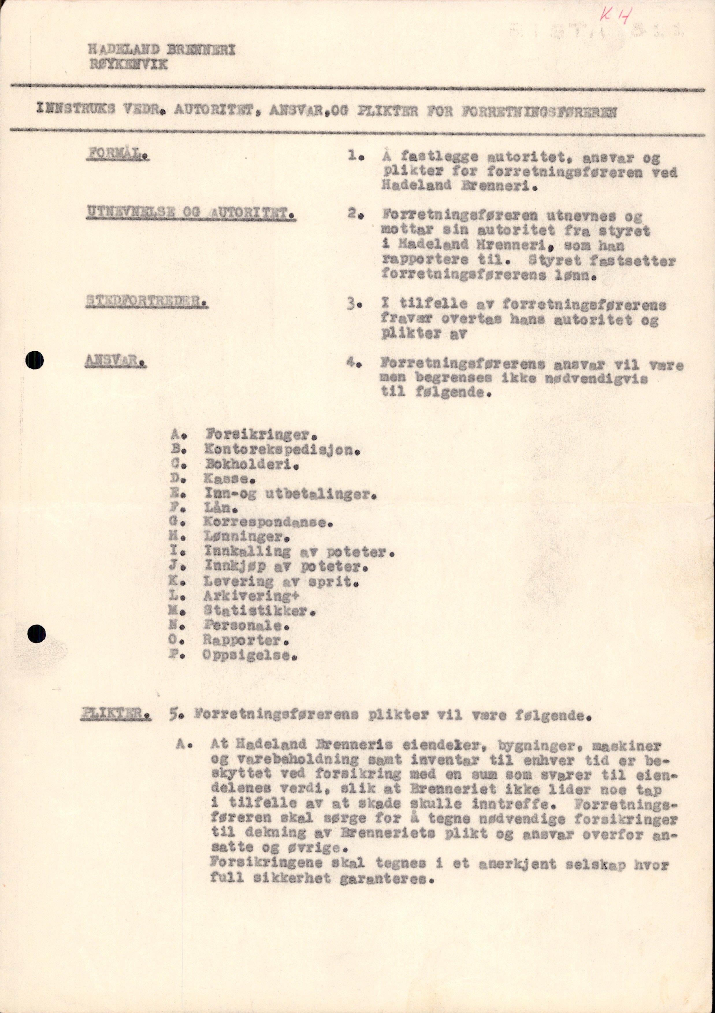 Hadeland Brenneri, OARM/H-A-00353/D/Db/0007 / Instruks for ansatte, 1955