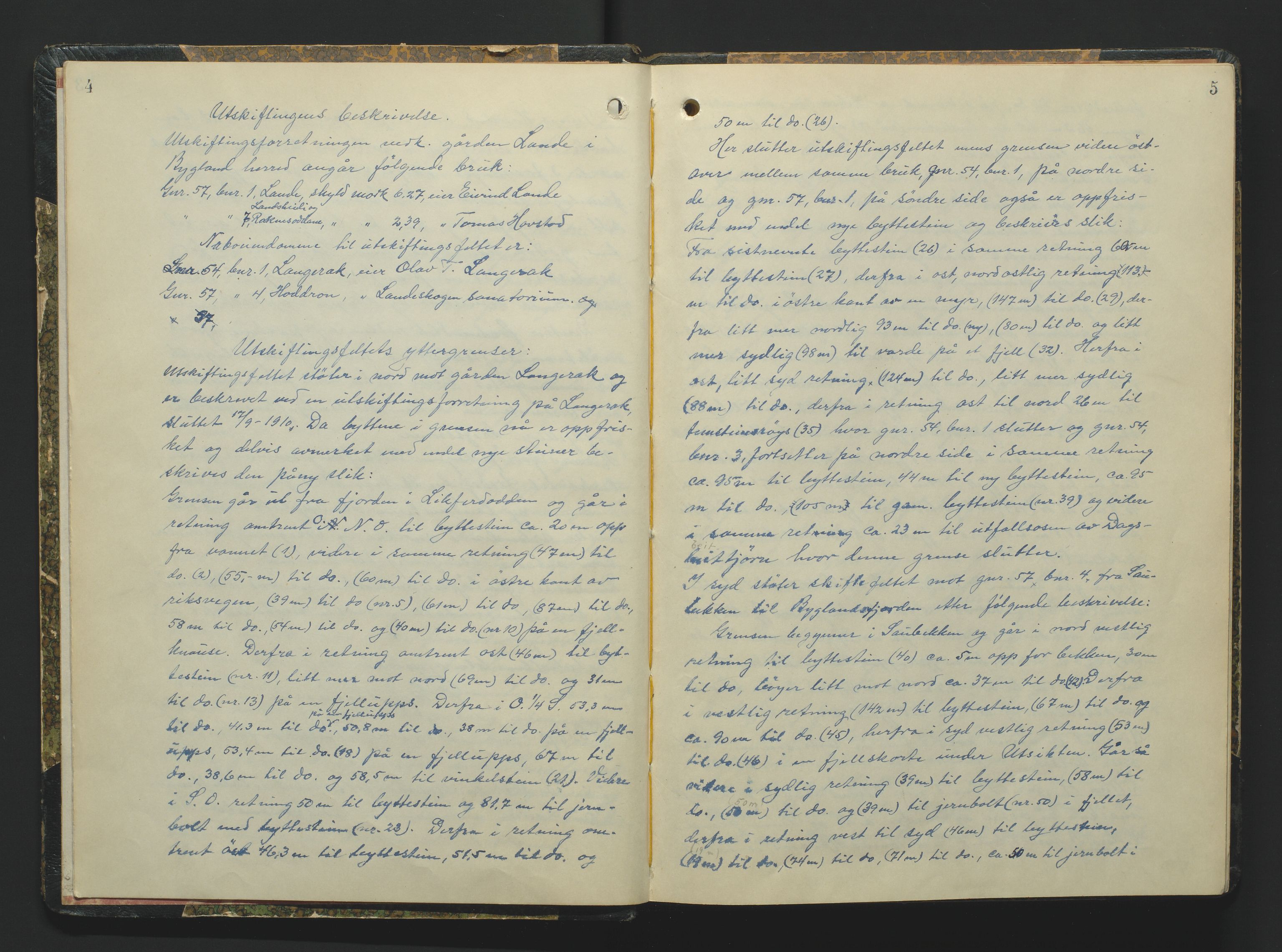 Utskiftningsformannen i Nedenes amt, AV/SAK-1541-0002/F/Fa/Fac/L0015: Jordskifteprotokoll med register, Setesdal domssokn nr 15, 1949-1952, s. 4-5