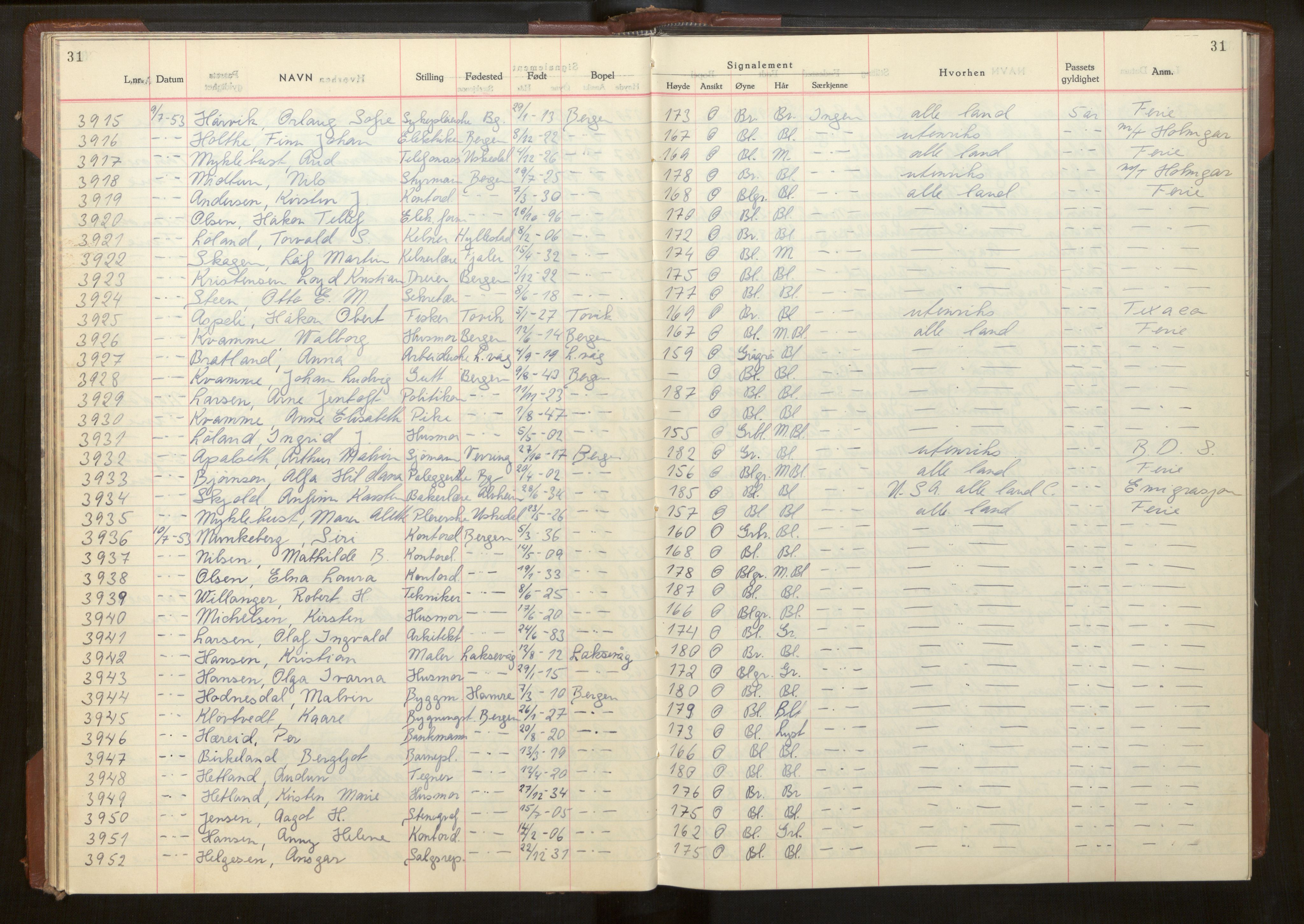 Bergen politikammer / politidistrikt, AV/SAB-A-60401/L/La/Lab/L0020: Passprotokoll, 1953-1955