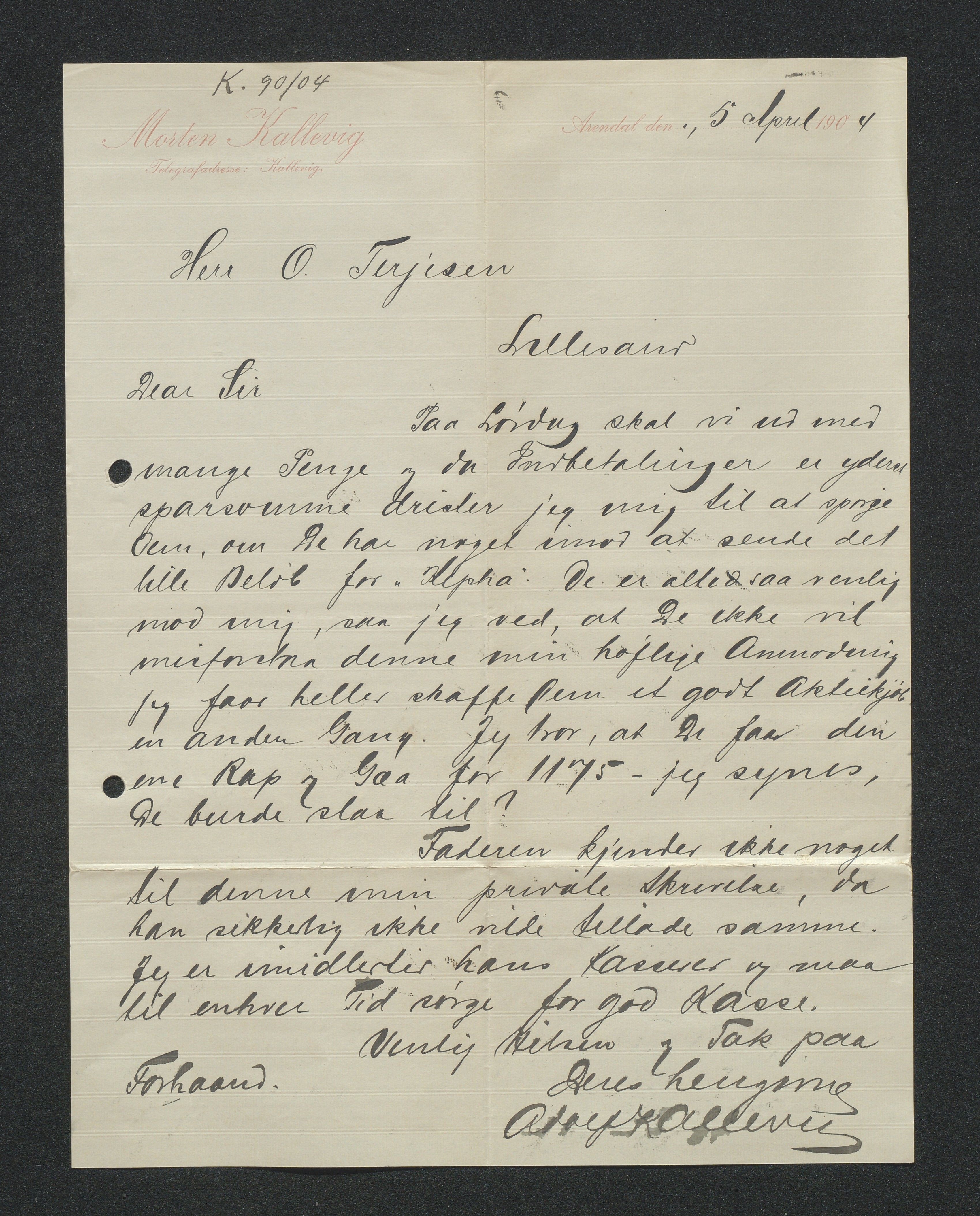 O. Terjesens rederi, AAKS/PA-2525/E/E01/L0013: Korrespondanse, 1904-1905