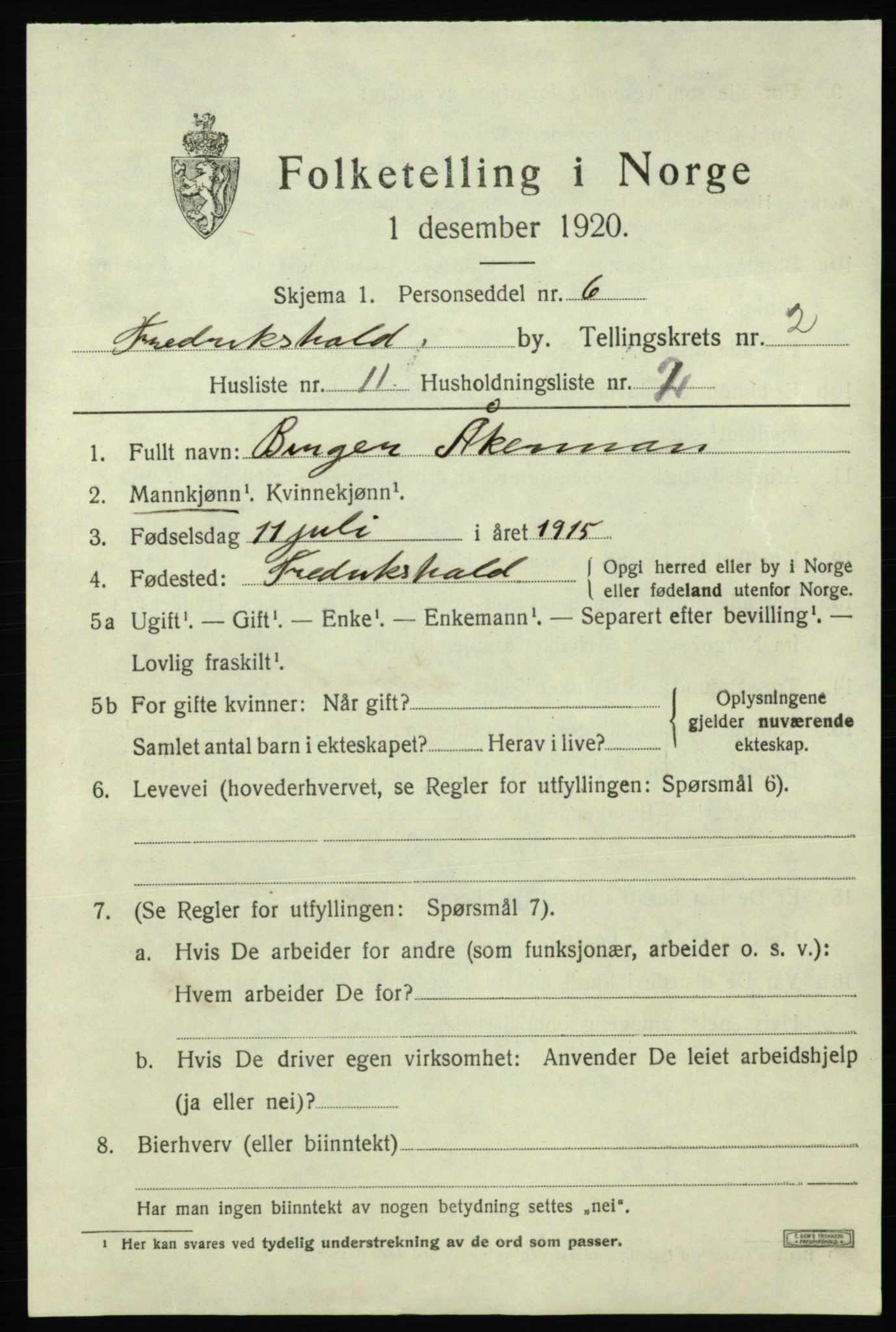 SAO, Folketelling 1920 for 0101 Fredrikshald kjøpstad, 1920, s. 9466