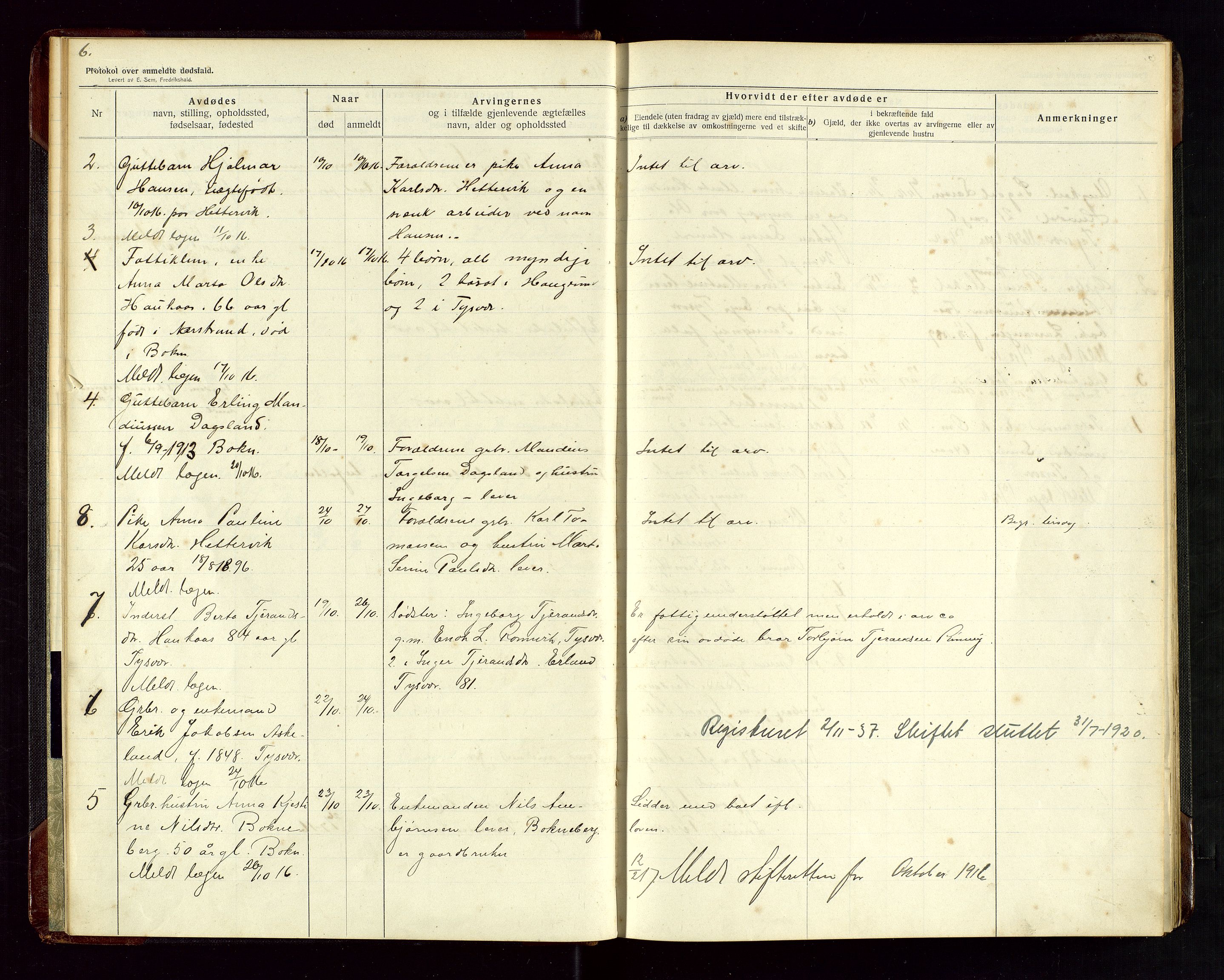 Tysvær lensmannskontor, AV/SAST-A-100192/Gga/L0003: "Protokol over anmeldte dødsfald i Tysvær" med register, 1916-1926, s. 6