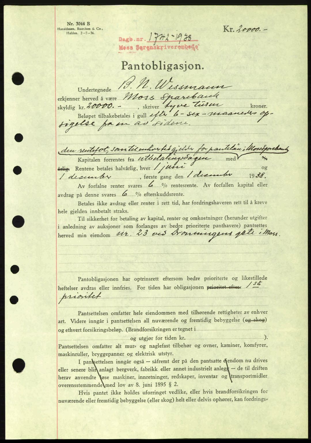 Moss sorenskriveri, SAO/A-10168: Pantebok nr. B6, 1938-1938, Dagboknr: 1742/1938