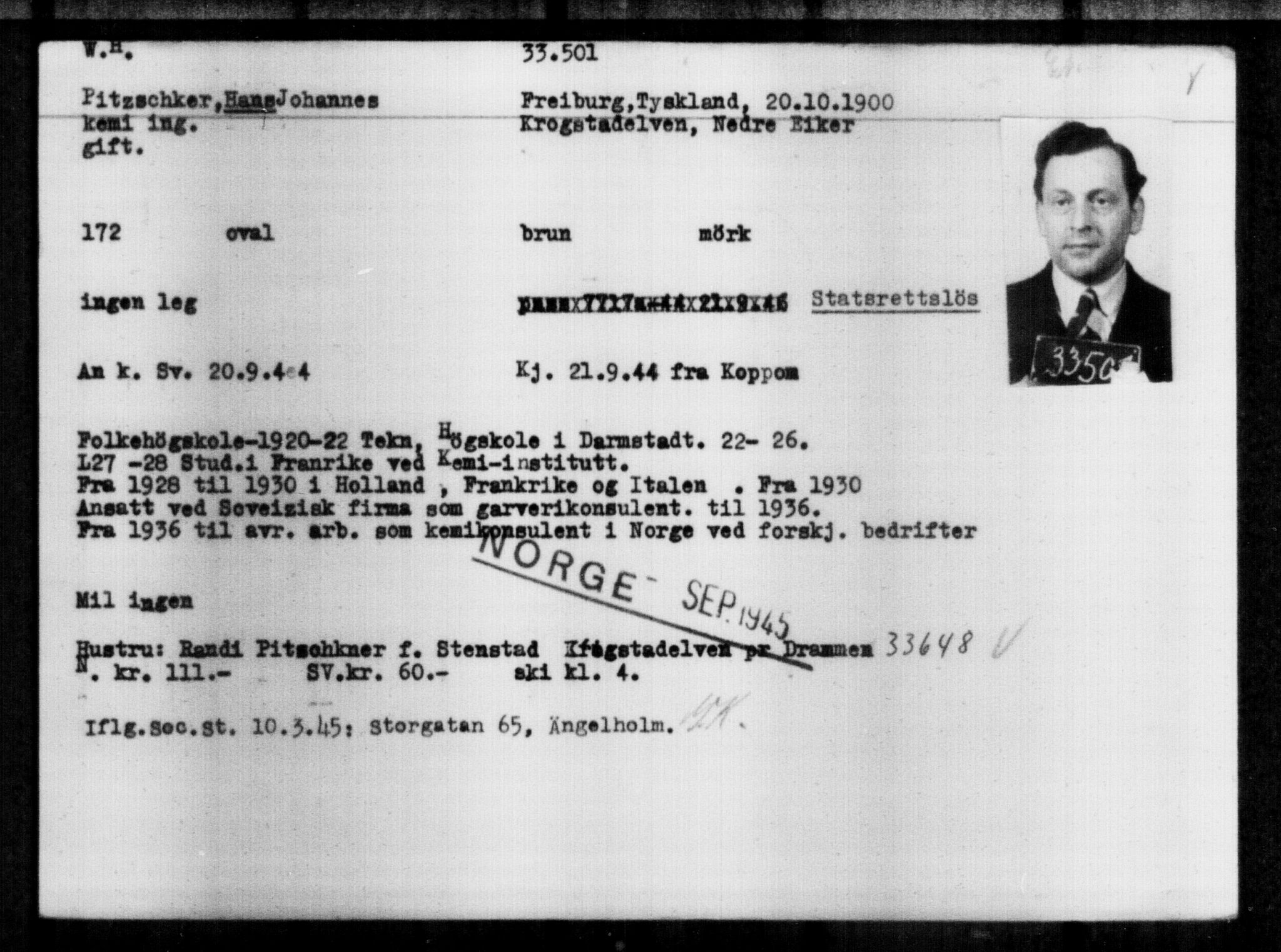 Utenriksstasjonene, Legasjonen i Stockholm, Flyktningkontoret, AV/RA-S-6753/V/Va/L0013: Kjesäterkartoteket, flyktninger med registreringsnr. 31500-34731, 1940-1945, s. 2108