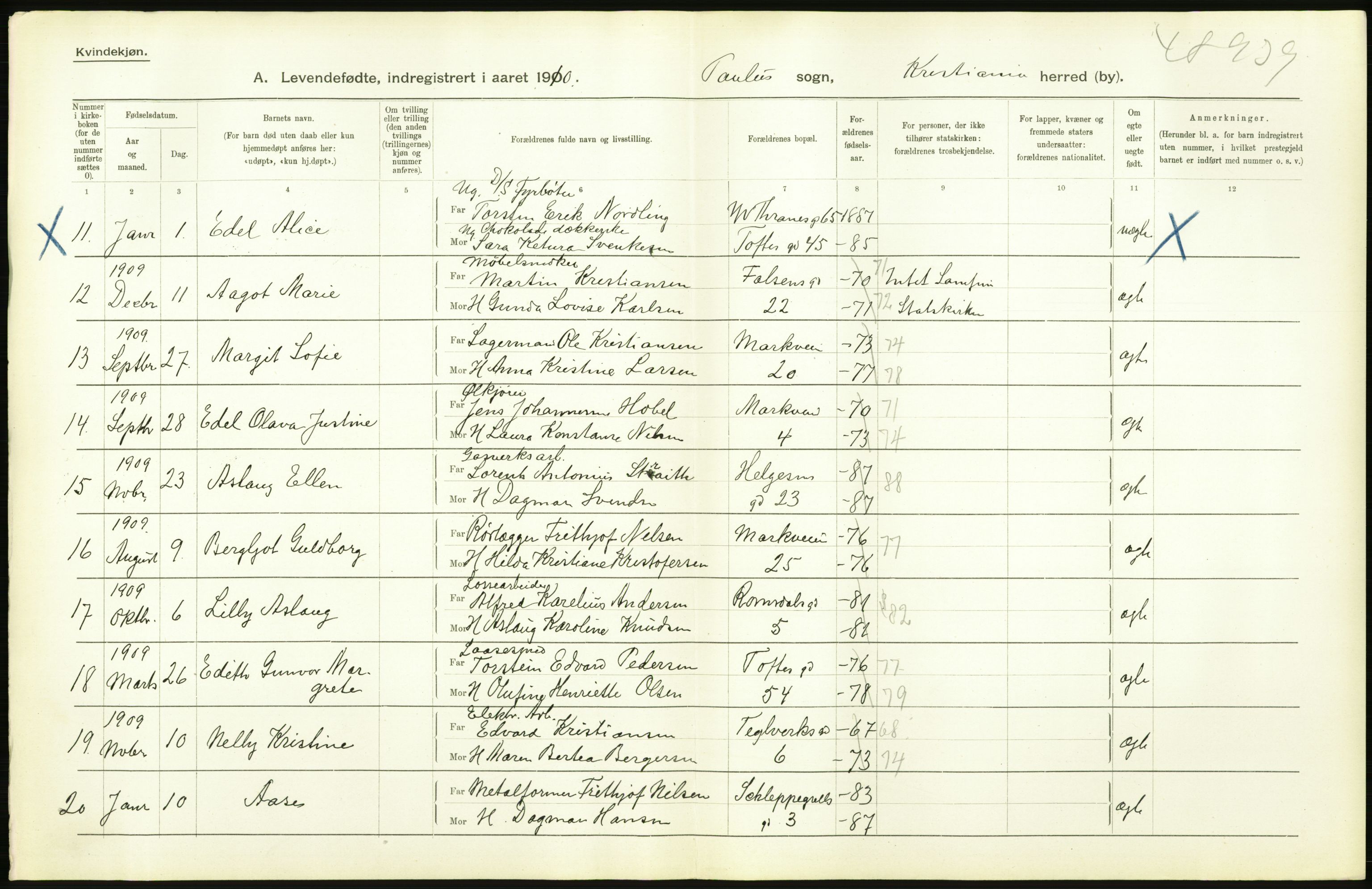 Statistisk sentralbyrå, Sosiodemografiske emner, Befolkning, RA/S-2228/D/Df/Dfa/Dfah/L0007: Kristiania: Levendefødte kvinner., 1910, s. 774