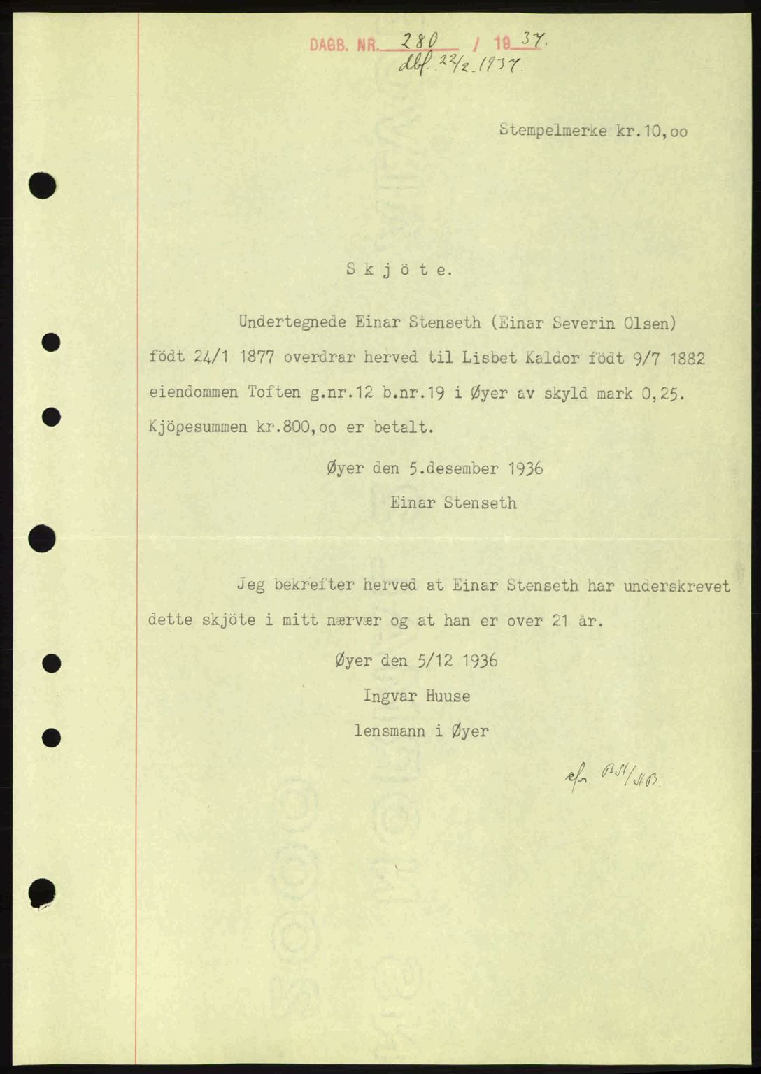 Sør-Gudbrandsdal tingrett, SAH/TING-004/H/Hb/Hbd/L0002: Pantebok nr. A2, 1936-1937, Dagboknr: 280/1937