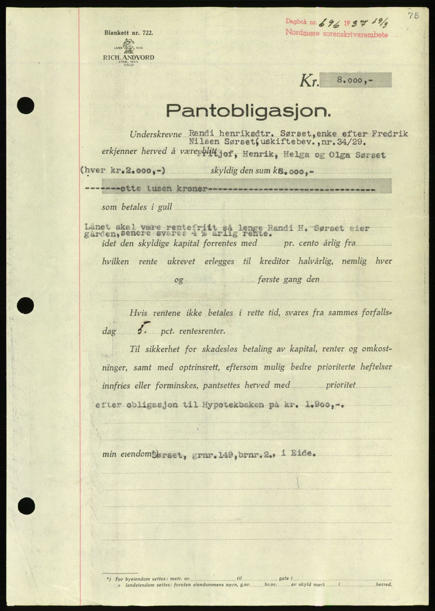 Nordmøre sorenskriveri, AV/SAT-A-4132/1/2/2Ca/L0091: Pantebok nr. B81, 1937-1937, Dagboknr: 696/1937