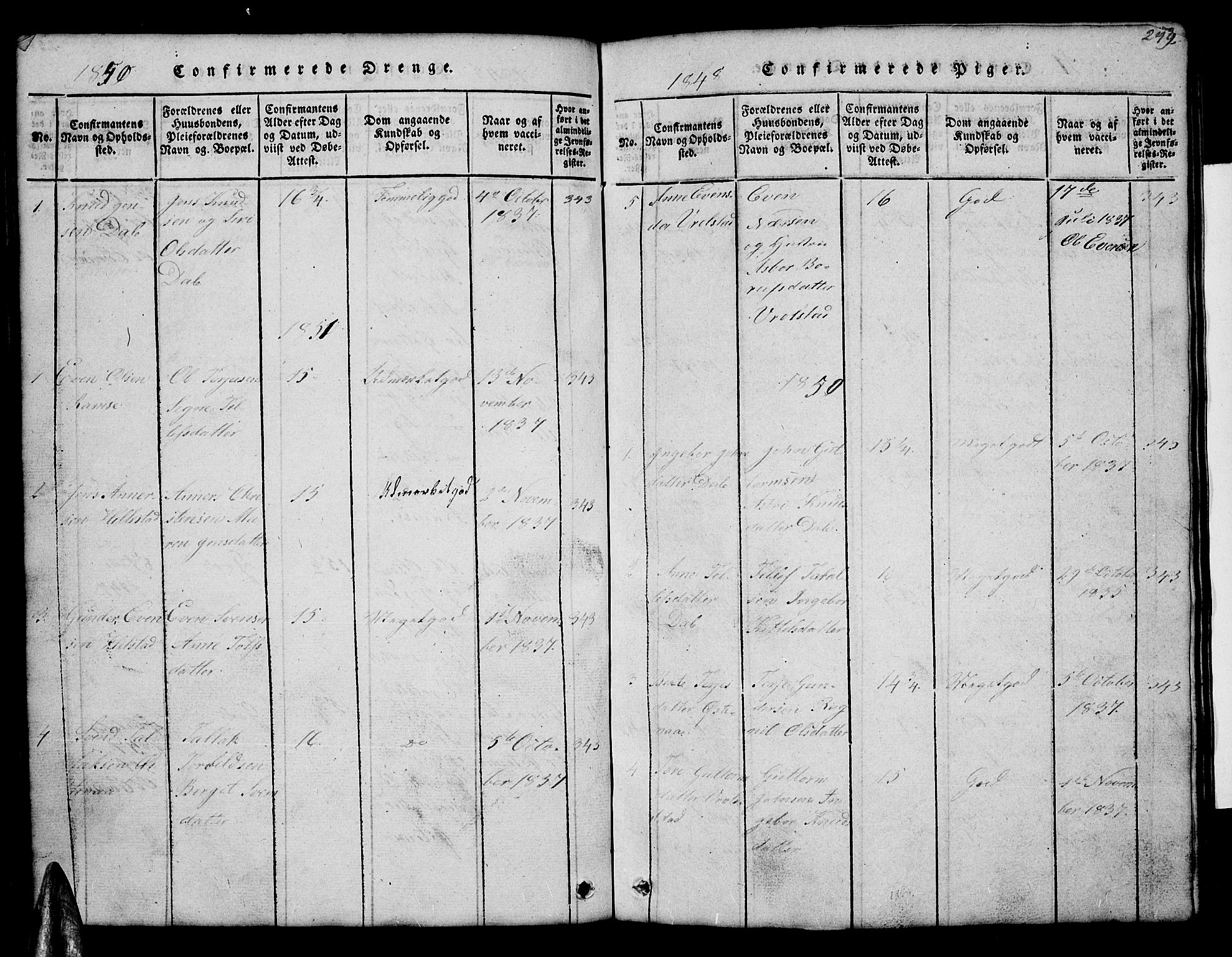 Åmli sokneprestkontor, SAK/1111-0050/F/Fb/Fbb/L0001: Klokkerbok nr. B 1, 1816-1889, s. 249