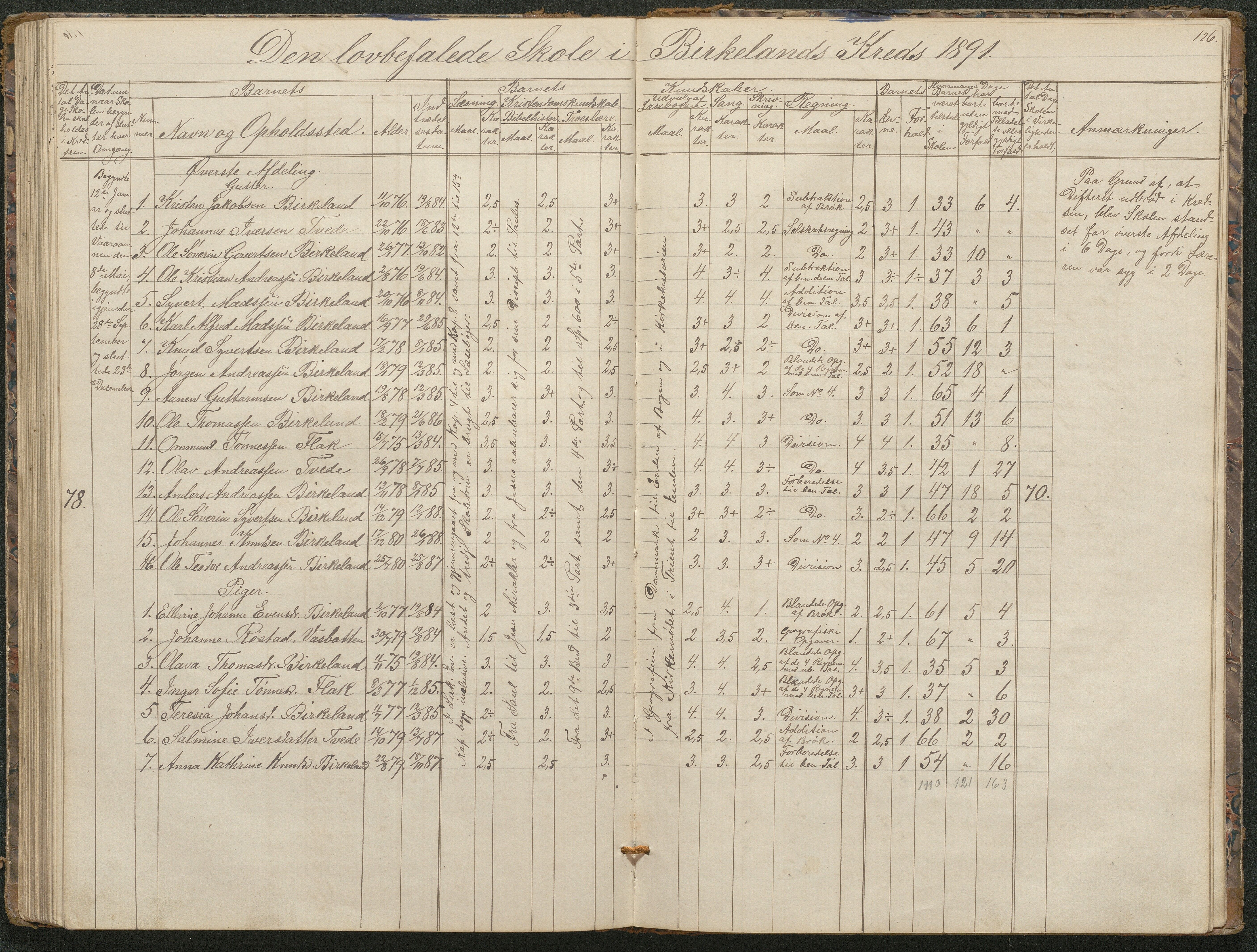 Birkenes kommune, Birkenes krets/Birkeland folkeskole frem til 1991, AAKS/KA0928-550a_91/F02/L0001: Skoleprotokoll, 1862-1896, s. 126